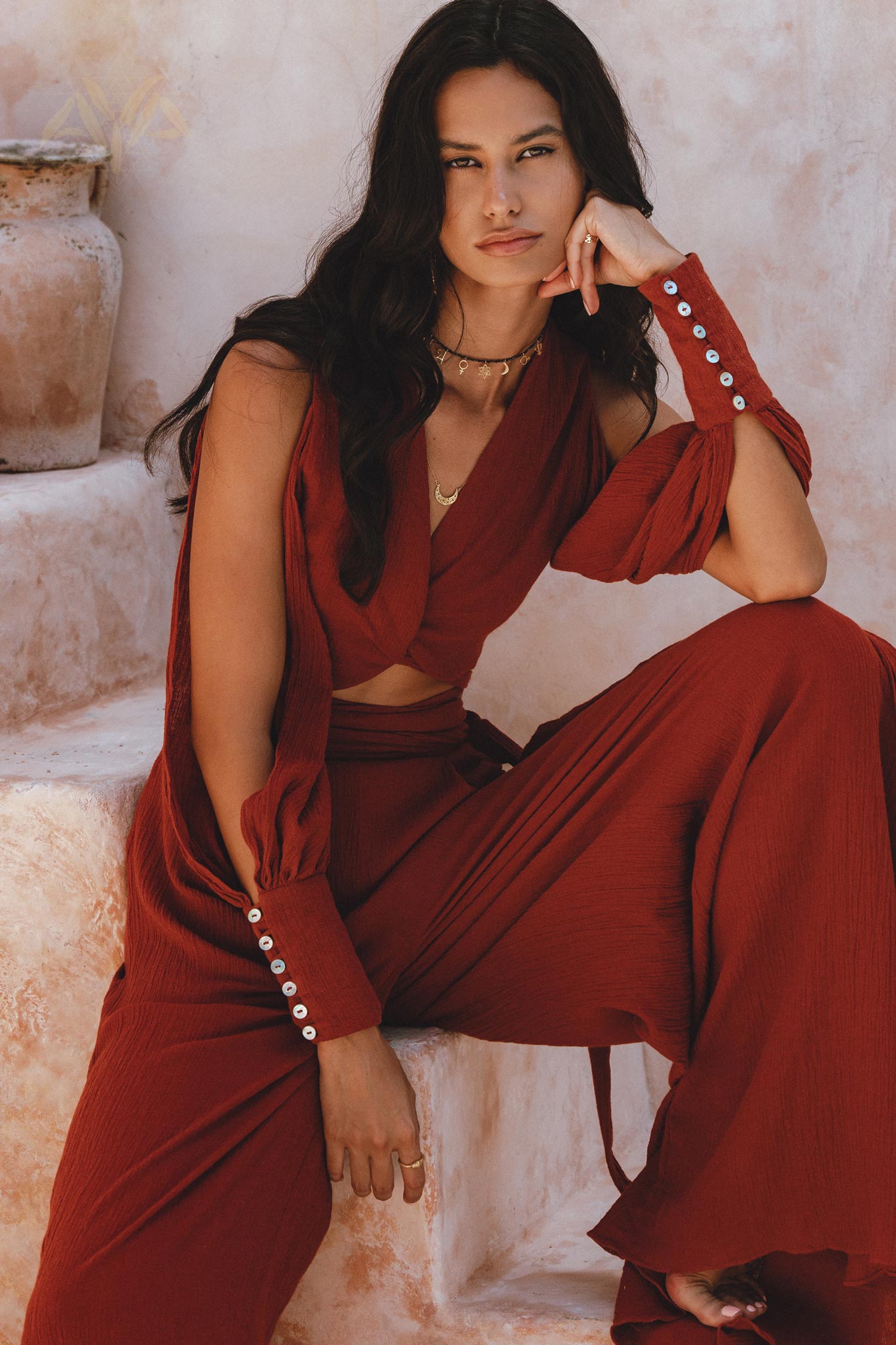 Unique Bohemian Crop Top & Pants in Red Wine, Decorated Inside with Natural Silk, 100% Sustainable Piece