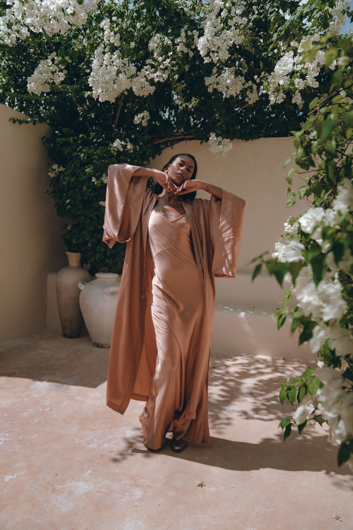Dusty Pink Silk Robe, Bohemian Kaftan Cardigan, Long Cape for Women - AYA Sacred Wear