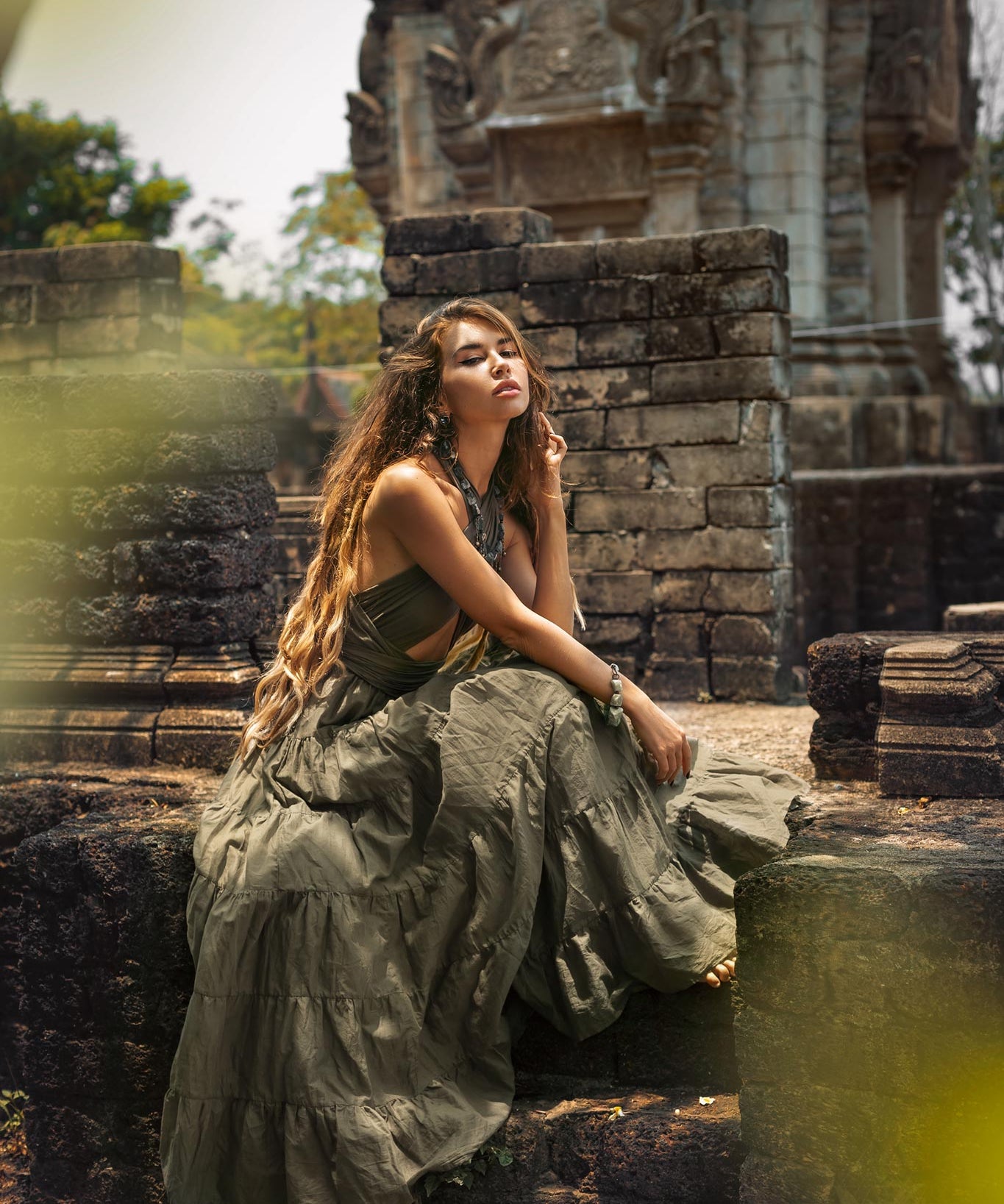 Sage Green Bohemian Adjustable Dress • Evening Open Back Belly Dress - AYA Sacred Wear