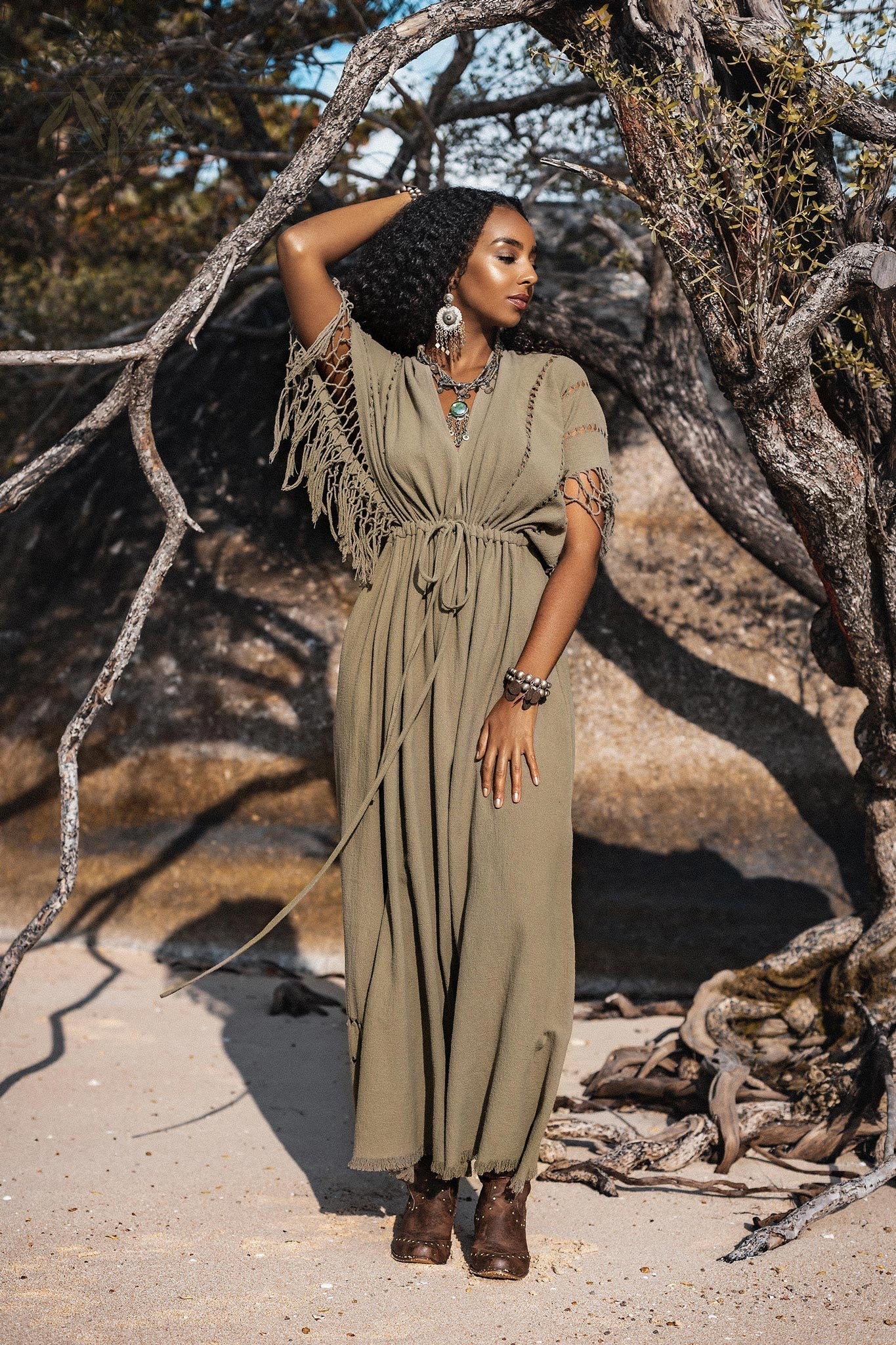 Sage Green Boho Dress • Plus Size Dress for Women • Kaftan Maxi Dress - AYA Sacred Wear