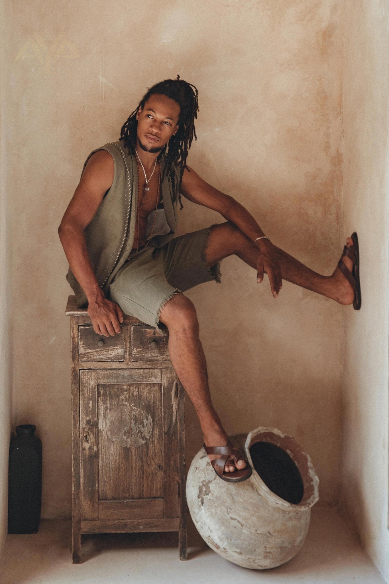 Sage Green Handwoven Cotton Shorts for Men - AYA Sacred Wear
