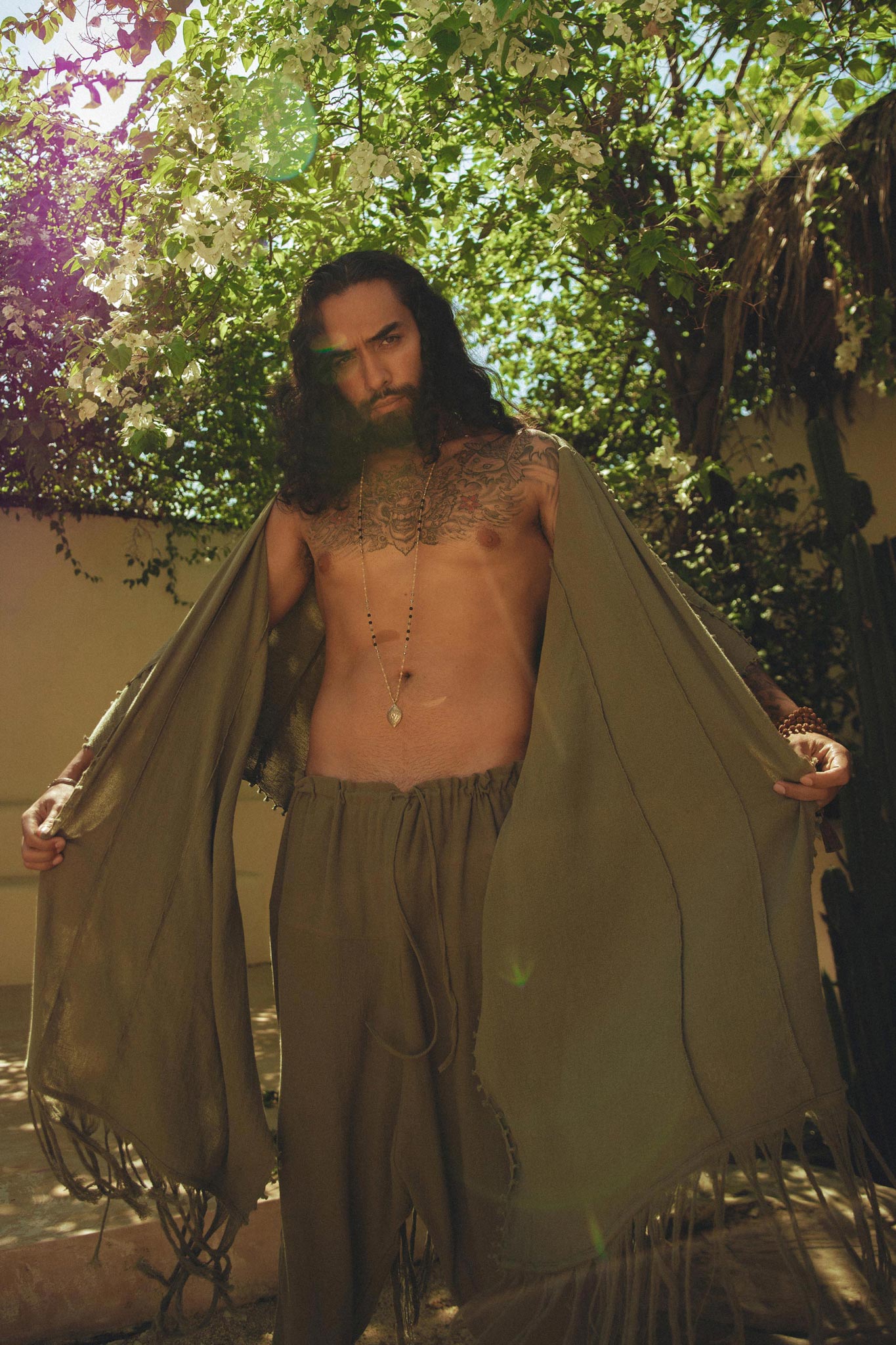 Sage Green Raw Cotton Minimalist Poncho for Men - AYA Sacred Wear