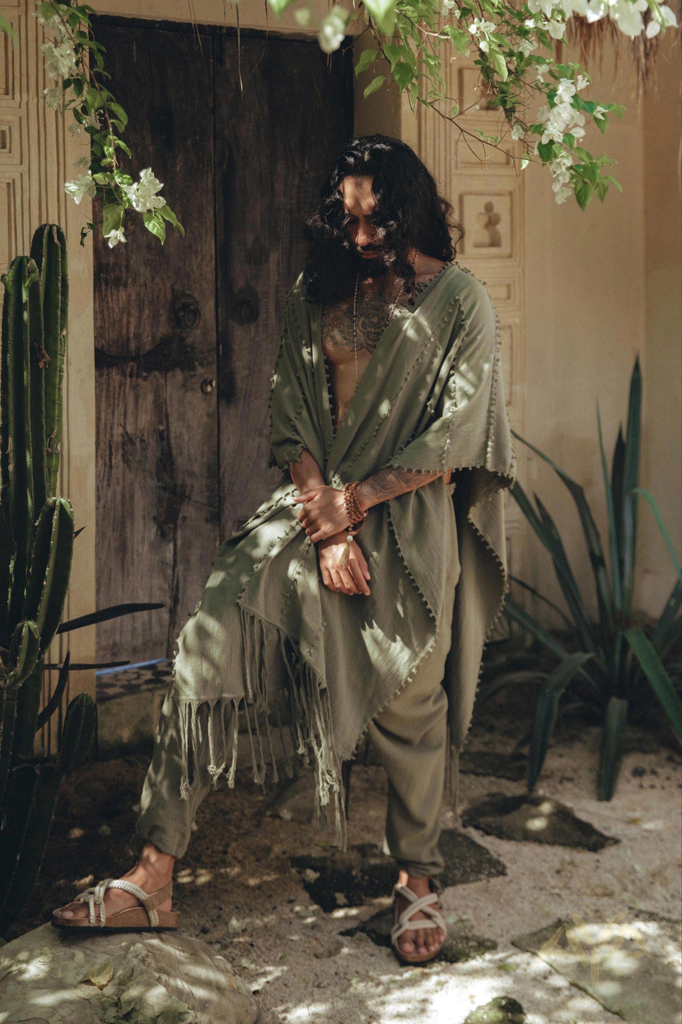 Sage Green Raw Cotton Minimalist Poncho for Men - AYA Sacred Wear