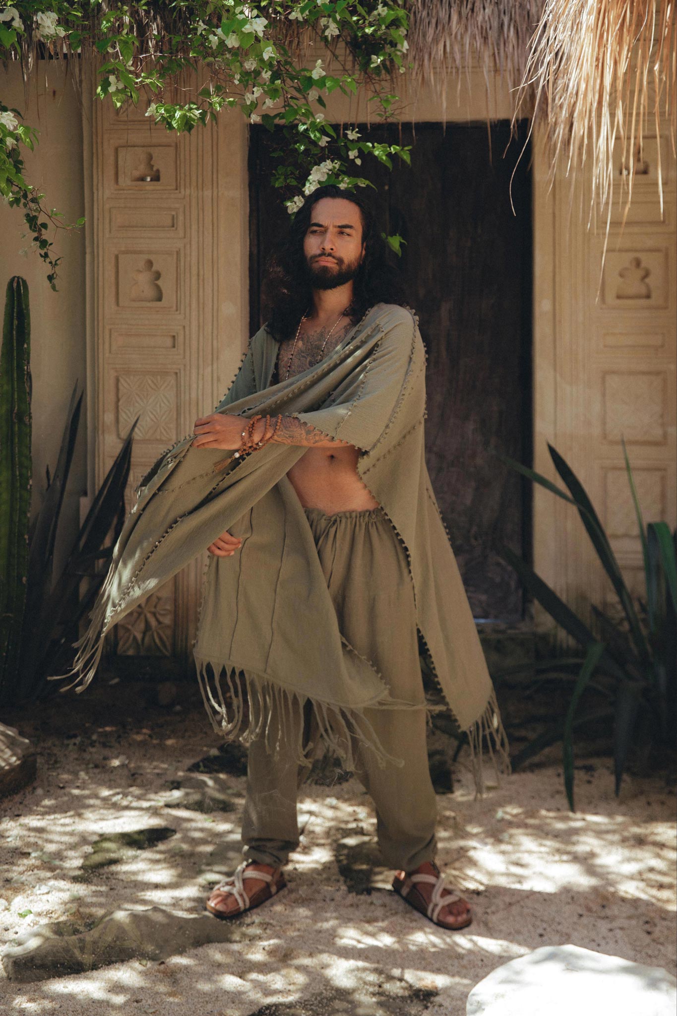 Sage Green Raw Cotton Minimalist Poncho for Men - AYA Sacred Wear