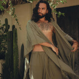 Sage Green Raw Cotton Minimalist Poncho for Men - AYA Sacred Wear