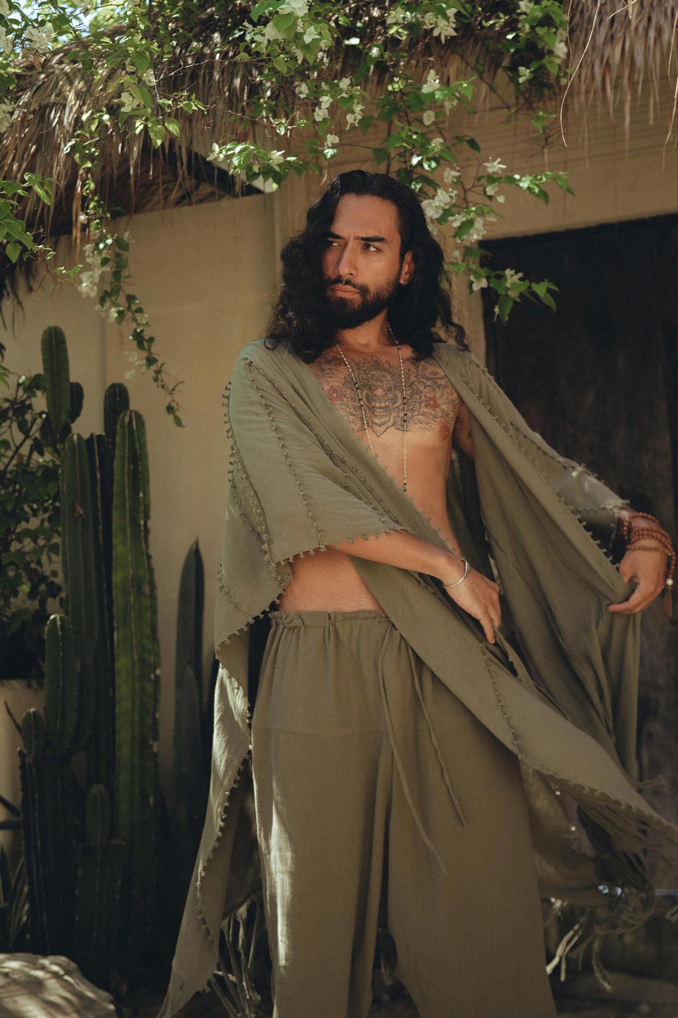 Sage Green Raw Cotton Minimalist Poncho for Men - AYA Sacred Wear
