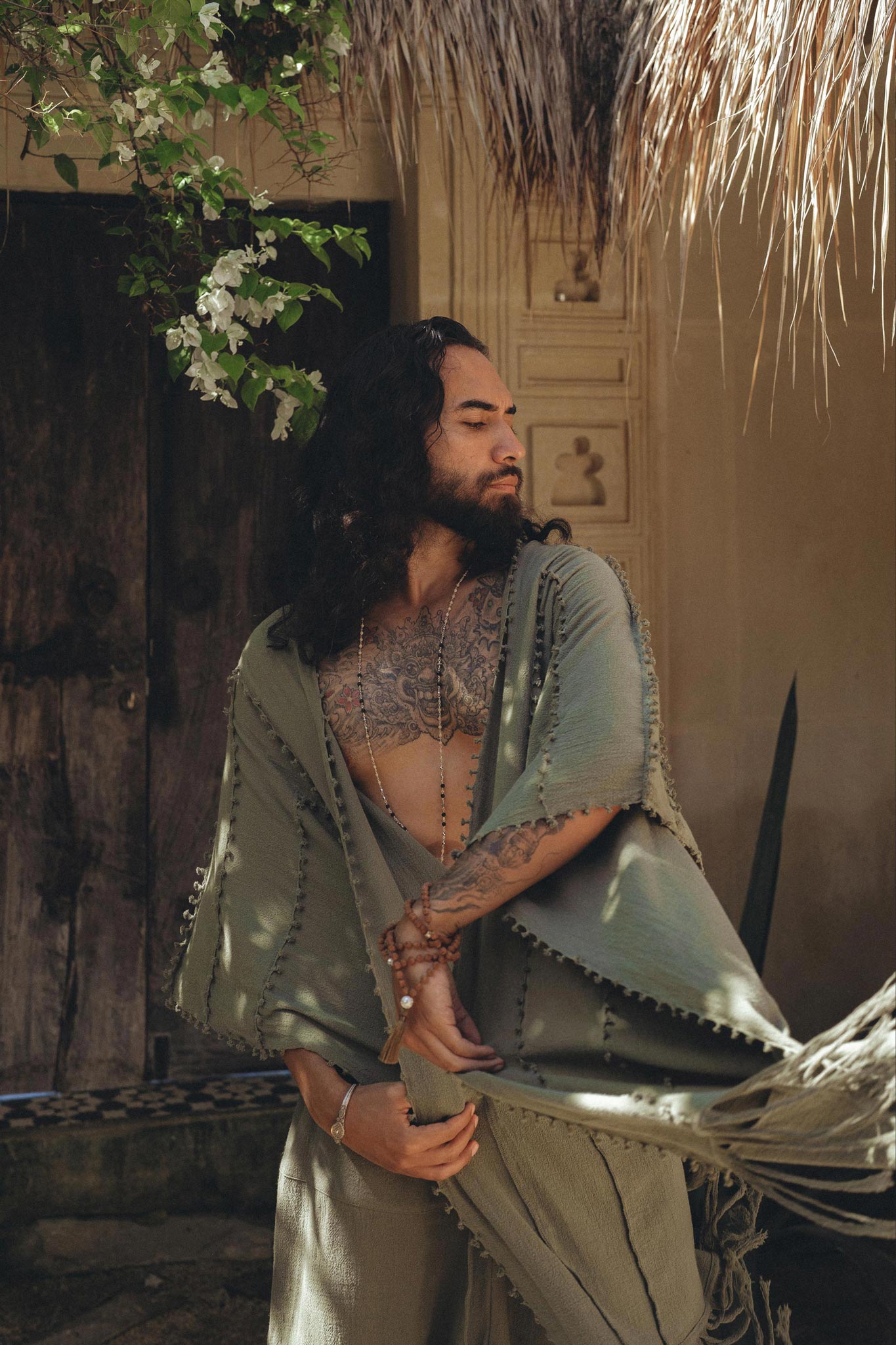 Sage Green Raw Cotton Minimalist Poncho for Men - AYA Sacred Wear