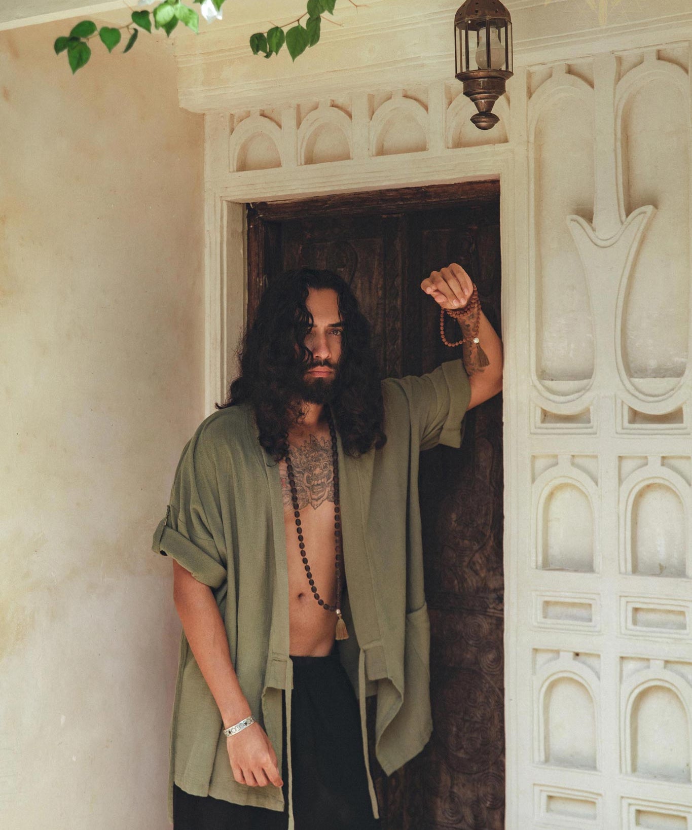 Sage Green Tribal Kimono Robe for Men - AYA Sacred Wear
