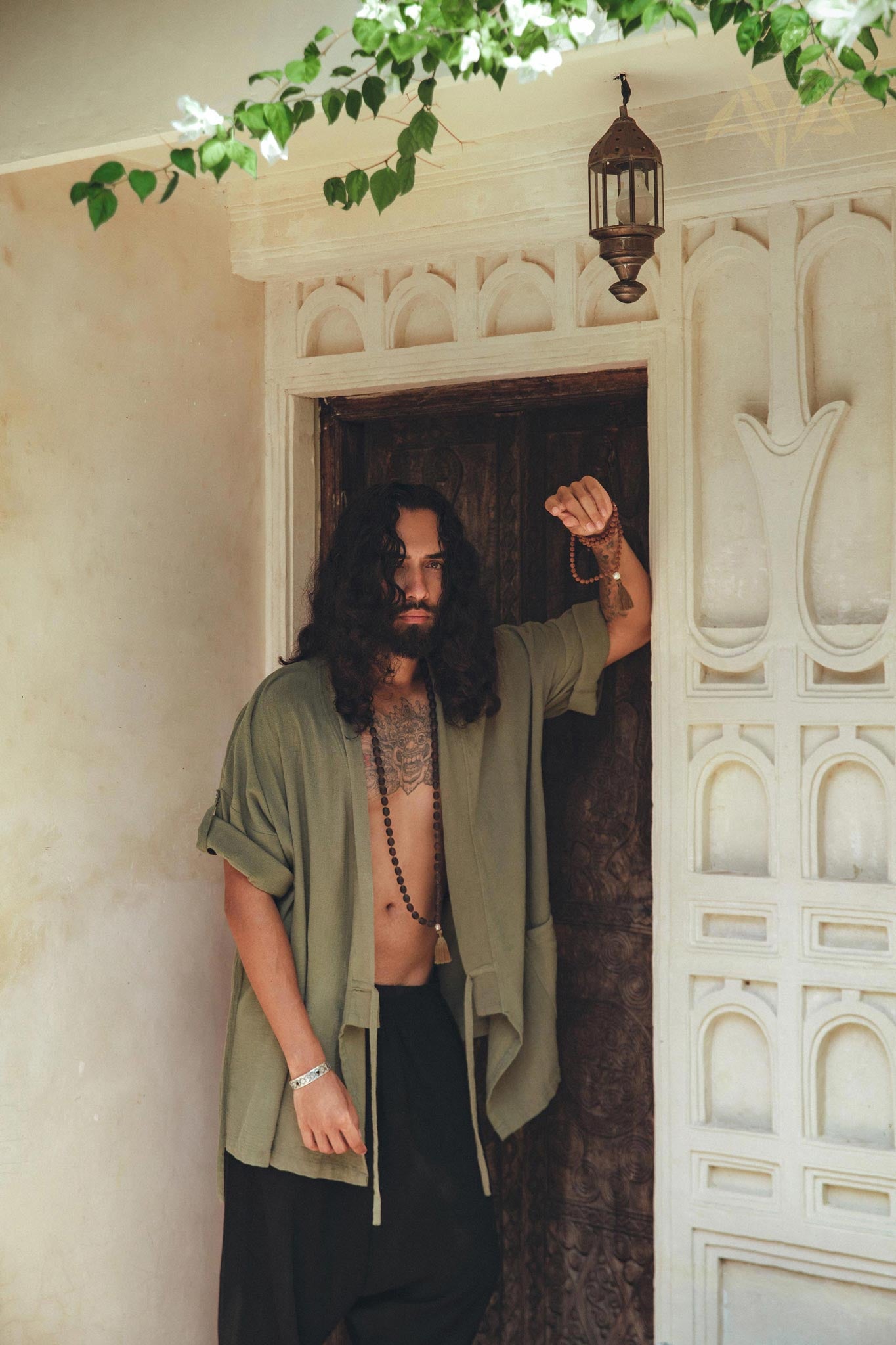 Sage Green Tribal Kimono Robe for Men - AYA Sacred Wear