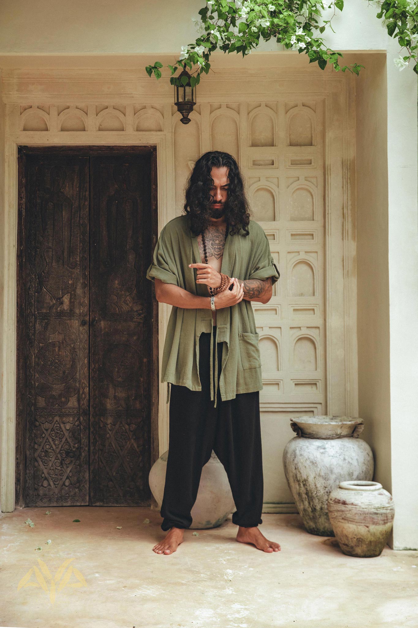 Sage Green Tribal Kimono Robe for Men - AYA Sacred Wear