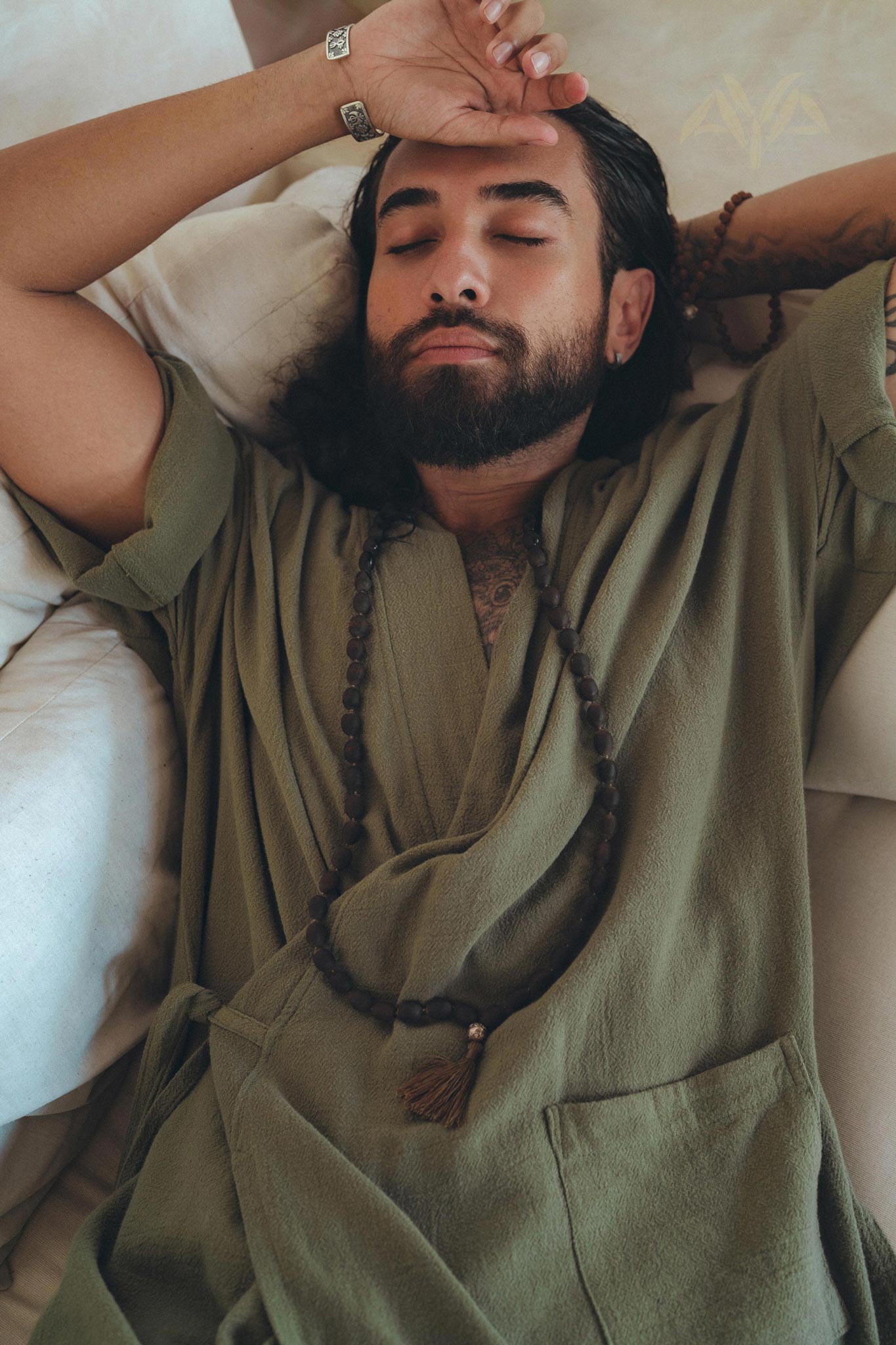 Sage Green Tribal Kimono Robe for Men - AYA Sacred Wear
