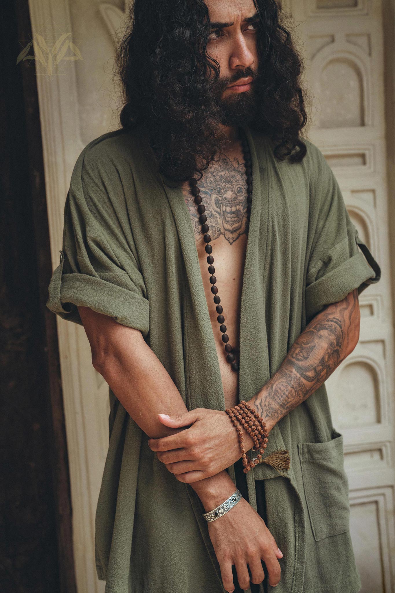 Sage Green Tribal Kimono Robe for Men - AYA Sacred Wear