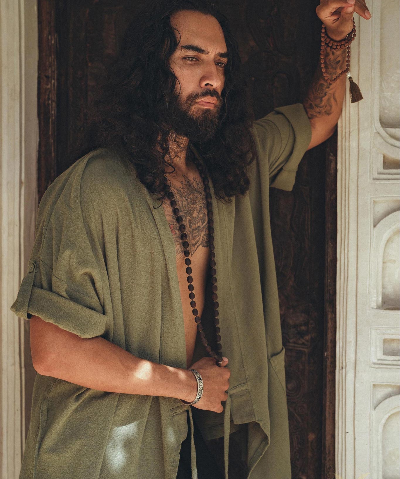 Sage Green Tribal Kimono Robe for Men - AYA Sacred Wear