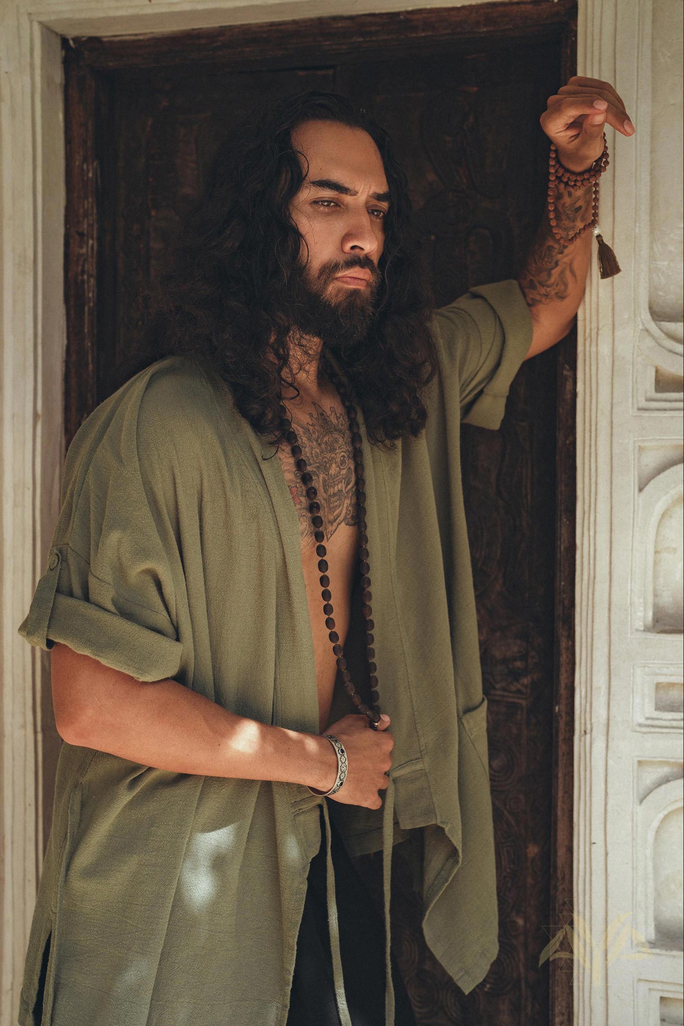 Sage Green Tribal Kimono Robe for Men - AYA Sacred Wear
