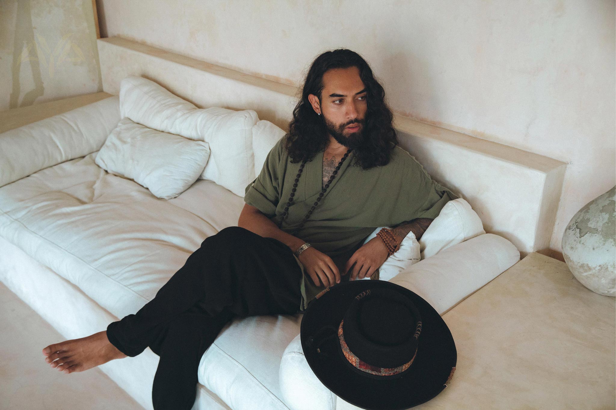 Sage Green Tribal Kimono Robe for Men - AYA Sacred Wear