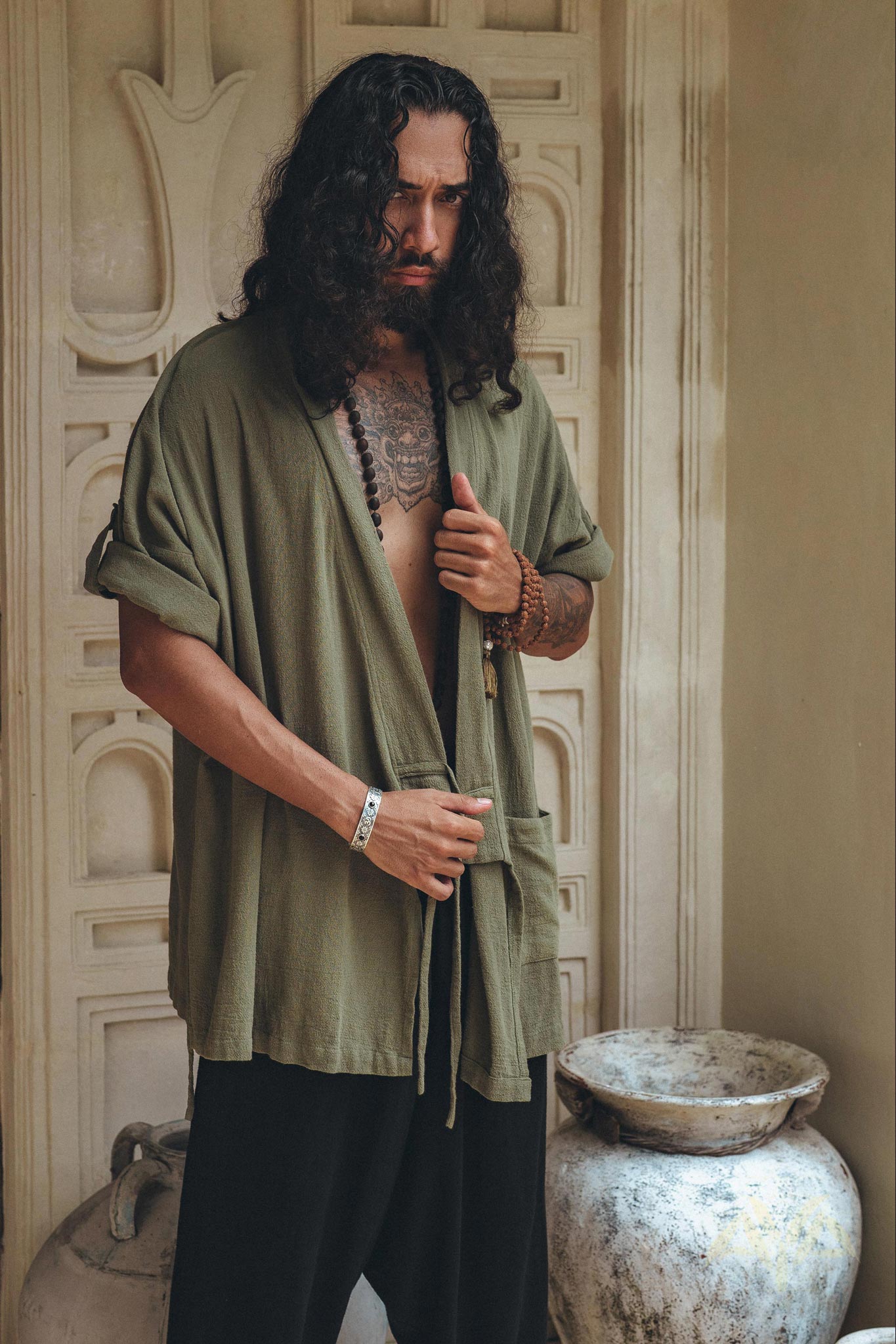 Sage Green Tribal Kimono Robe for Men - AYA Sacred Wear