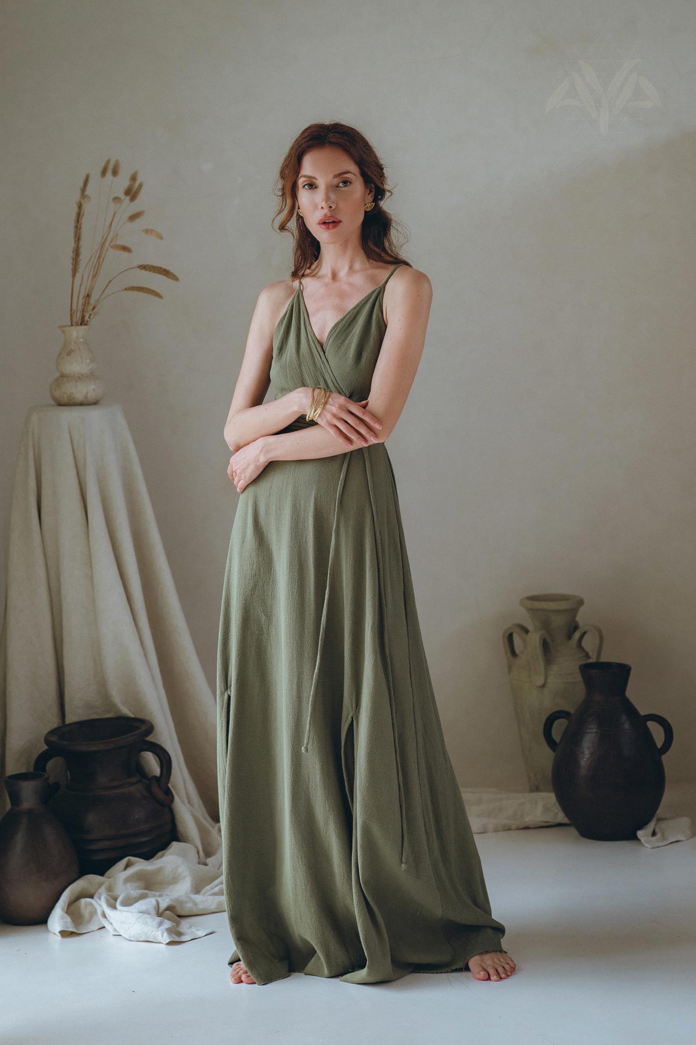 Boho Long Maxi Dress, Open Back Elegant Dress, Green Bridesmaid Dress - AYA Sacred Wear