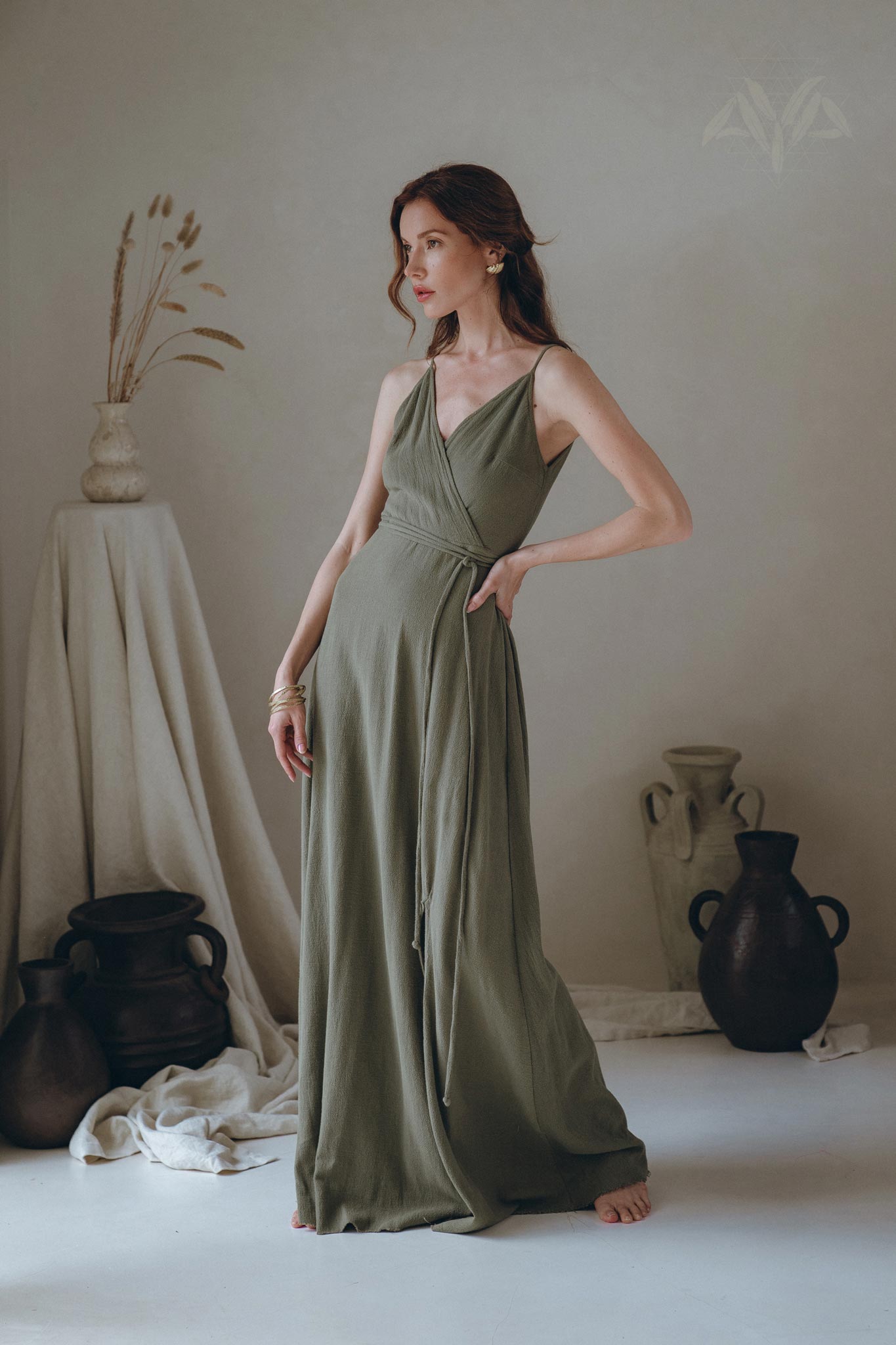 Boho Long Maxi Dress, Open Back Elegant Dress, Green Bridesmaid Dress - AYA Sacred Wear