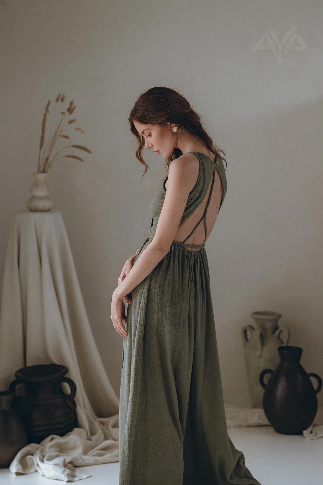 Boho Long Maxi Dress, Open Back Elegant Dress, Green Bridesmaid Dress - AYA Sacred Wear