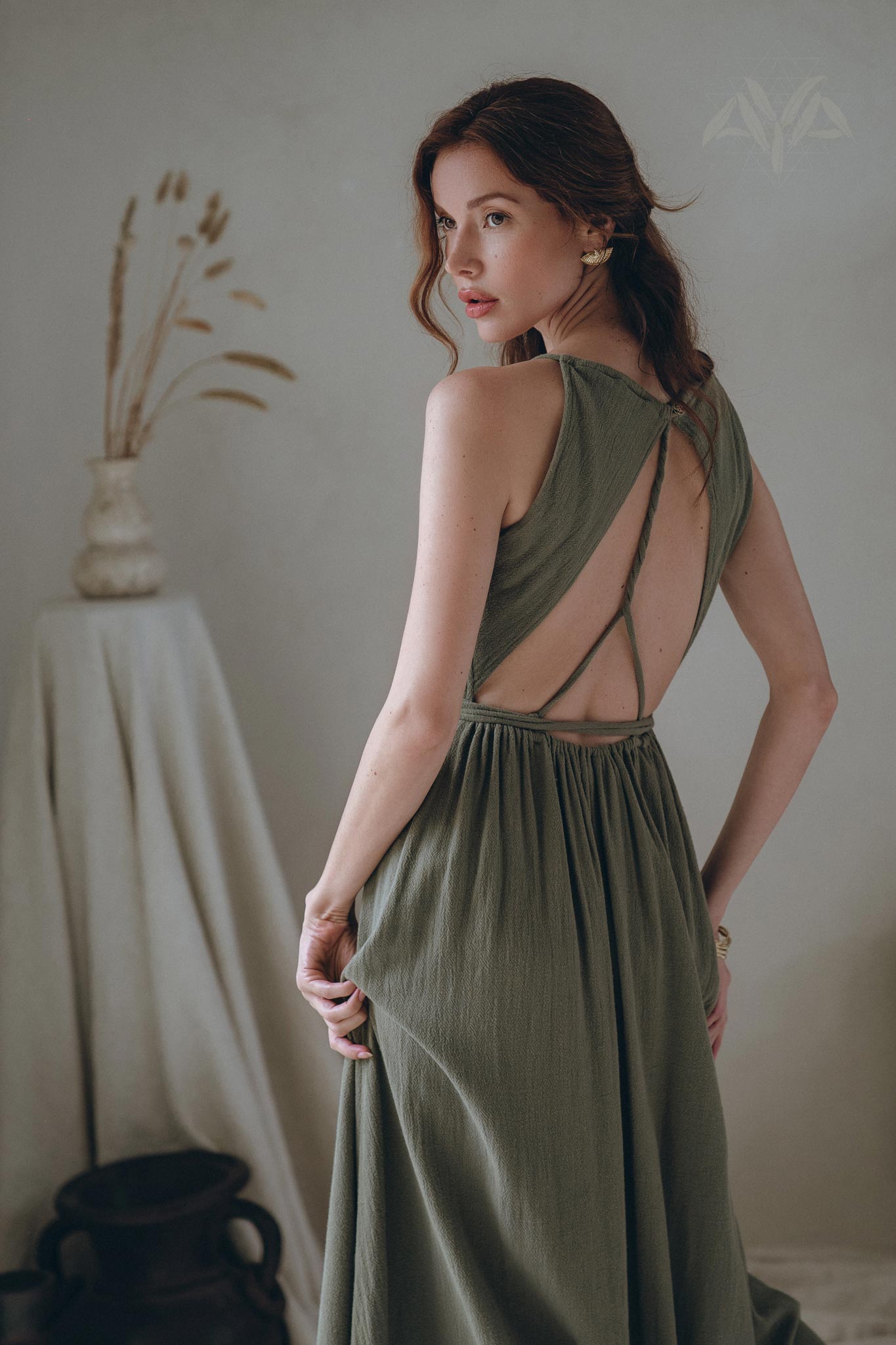 Boho Long Maxi Dress, Open Back Elegant Dress, Green Bridesmaid Dress - AYA Sacred Wear
