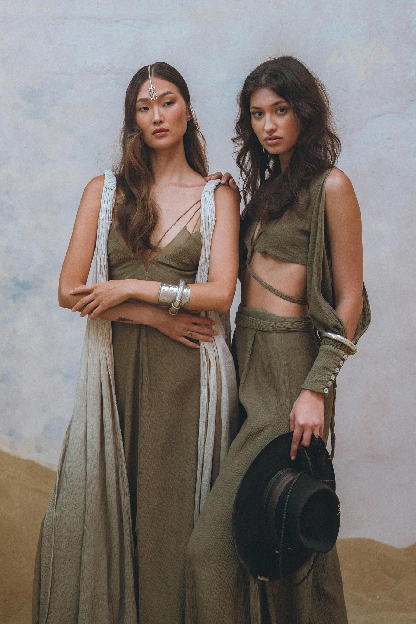 Get a trendy boho look with Aya Sacred Wear's Sage Green Crop Top and Pants.