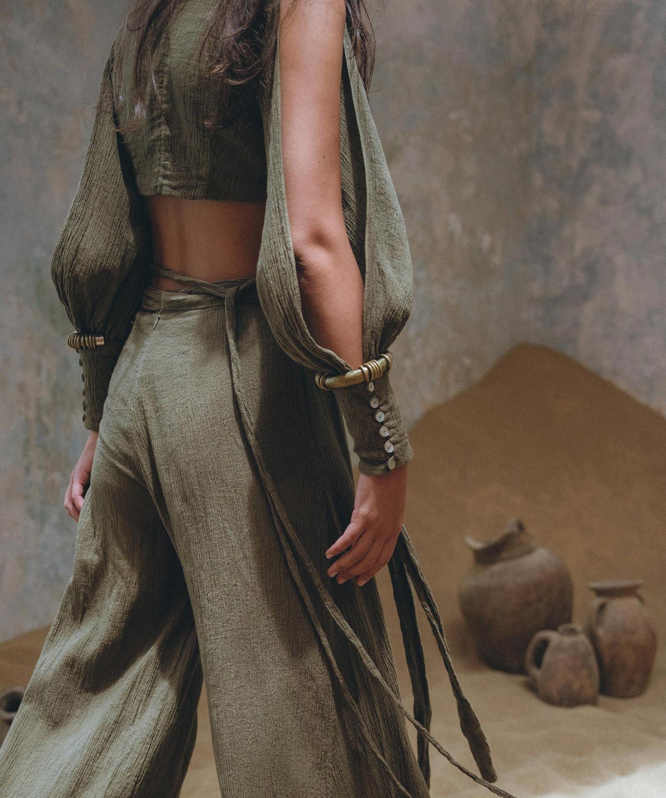 Aya Sacred Wear offers a stylish Sage Green Boho Crop Top and Pants set.