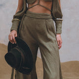 Look your best in Aya Sacred Wear's Sage Green Boho Crop Top and Pants.