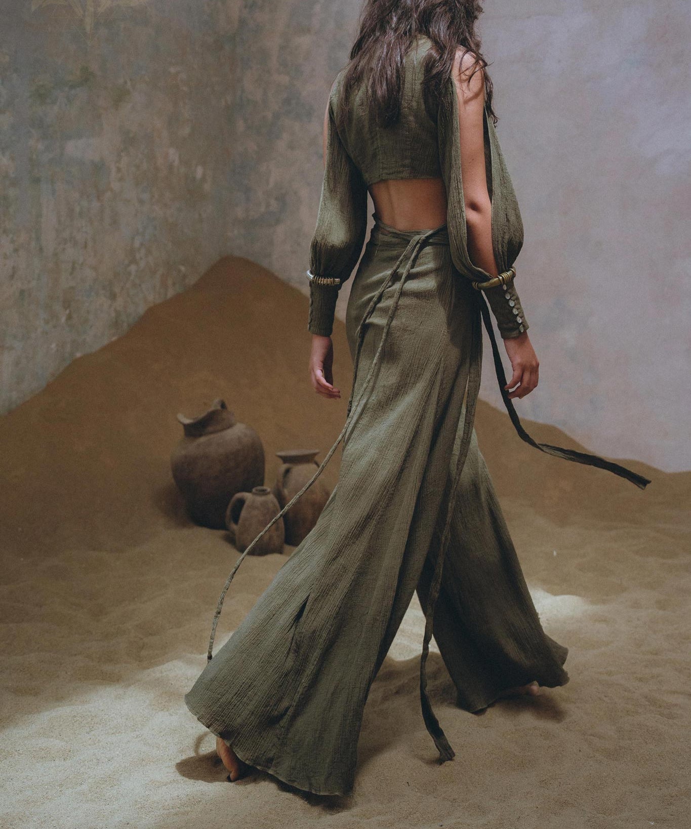 Shop Aya Sacred Wear's Sage Green Boho Crop Top and Pants for a unique look. 