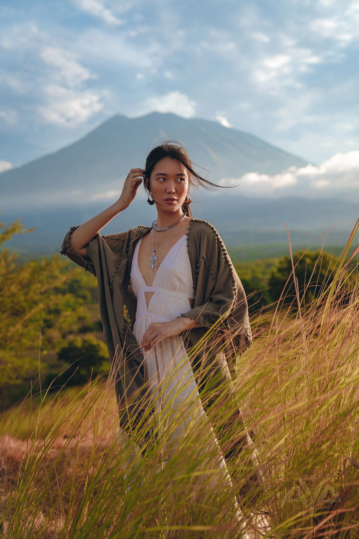 Olive Green Poncho Robe for Women, Boho Kimono Overcoat, Prom Cover Up - AYA Sacred Wear