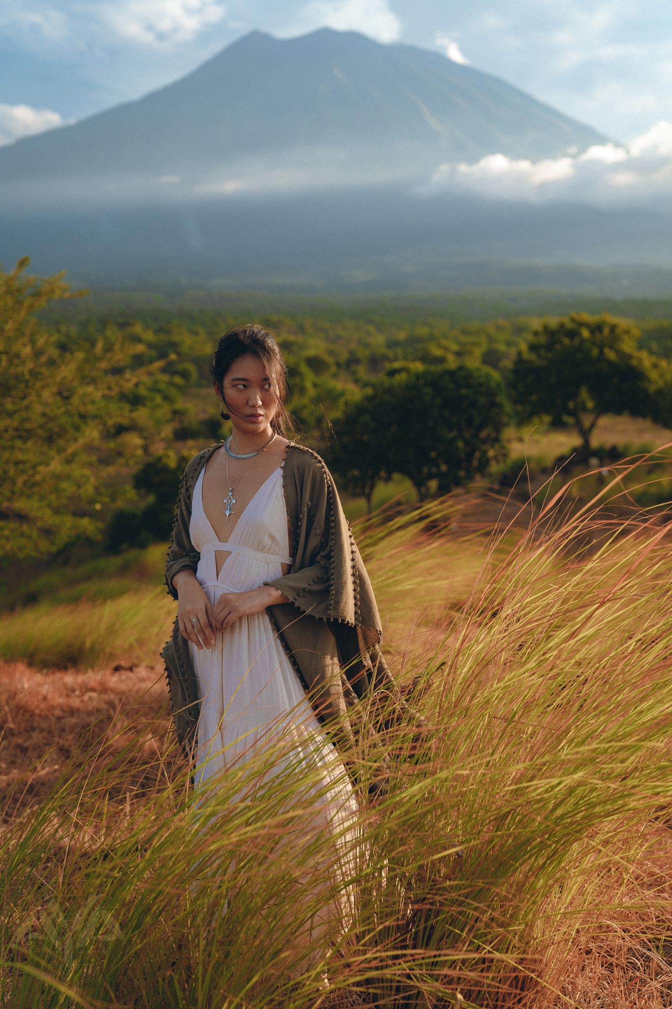 Olive Green Poncho Robe for Women, Boho Kimono Overcoat, Prom Cover Up - AYA Sacred Wear