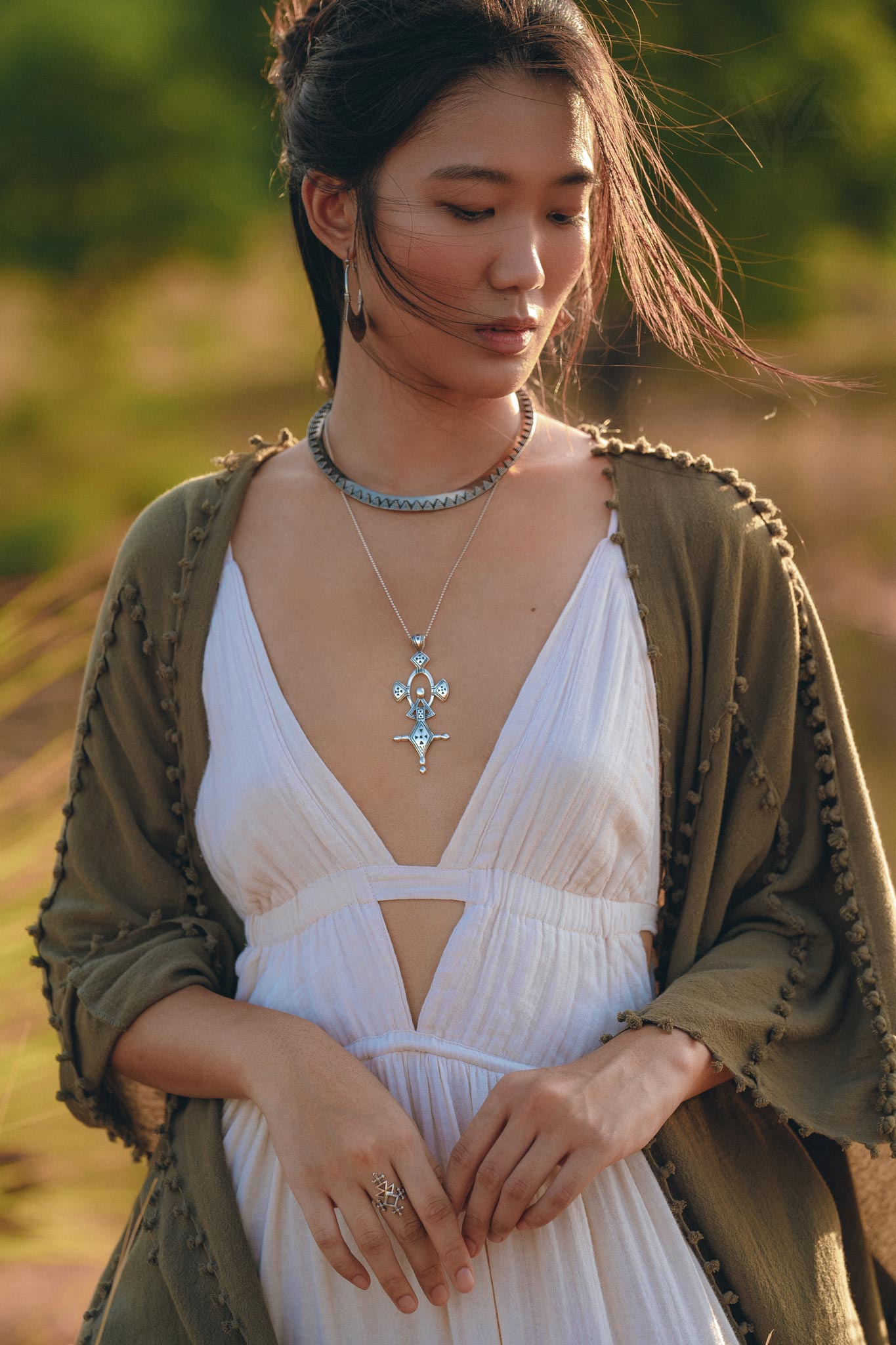 Olive Green Poncho Robe for Women, Boho Kimono Overcoat, Prom Cover Up - AYA Sacred Wear