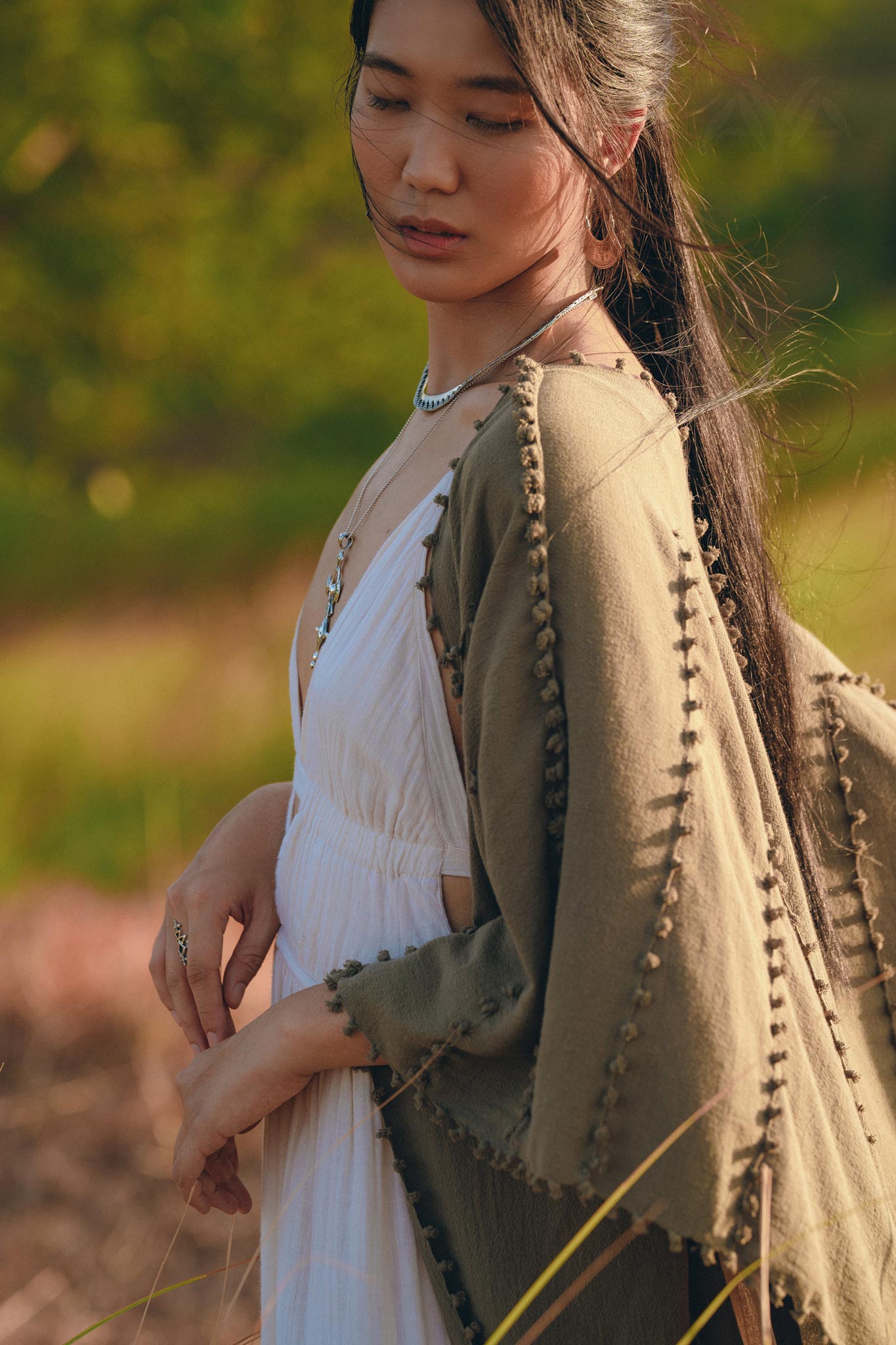 Olive Green Poncho Robe for Women, Boho Kimono Overcoat, Prom Cover Up - AYA Sacred Wear