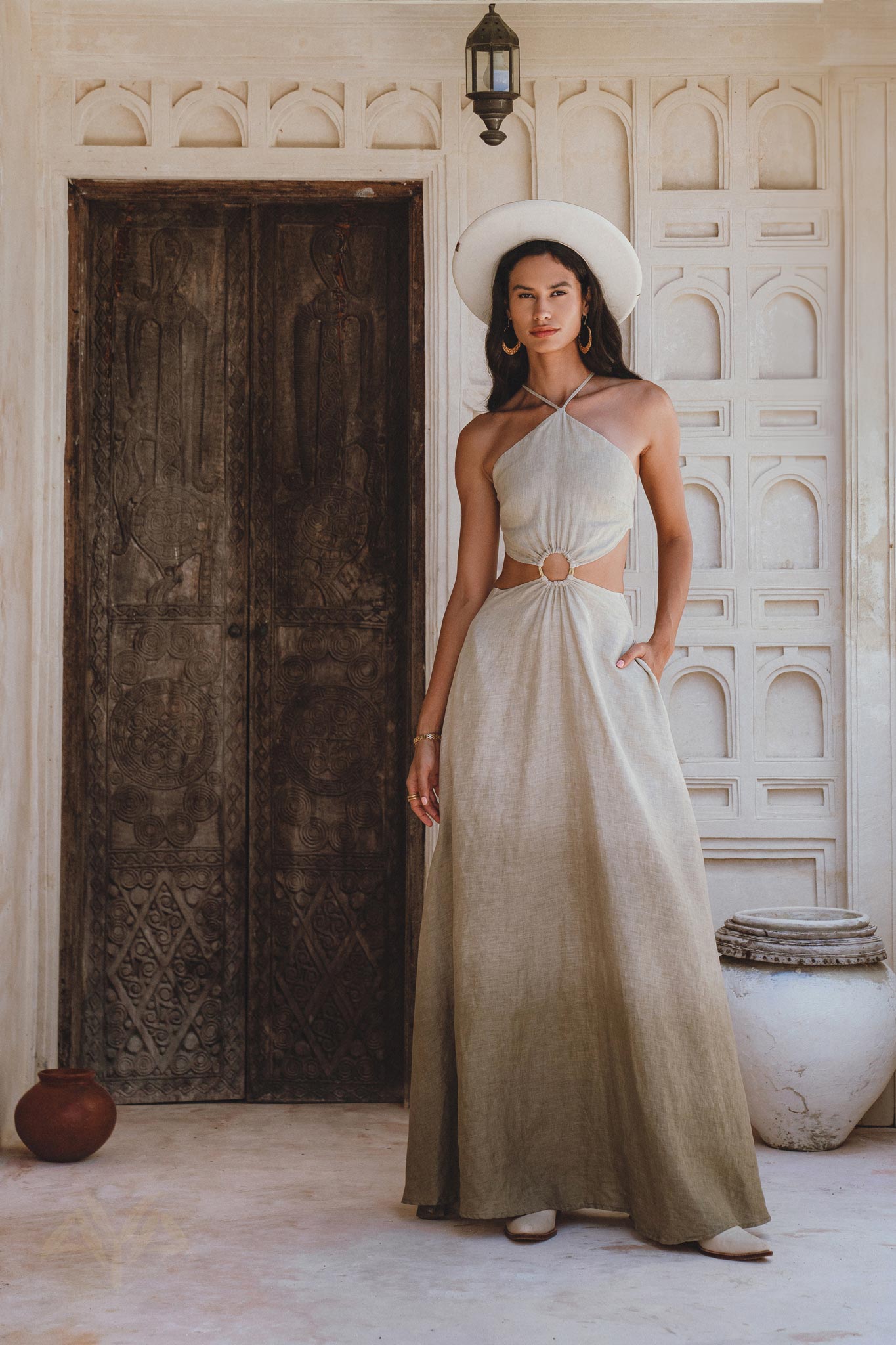Sustainably Dyed Organic Linen Maxi Dress with open sides - A unique Sage Green Goddess Dress for summer celebrations, tailored for comfort.