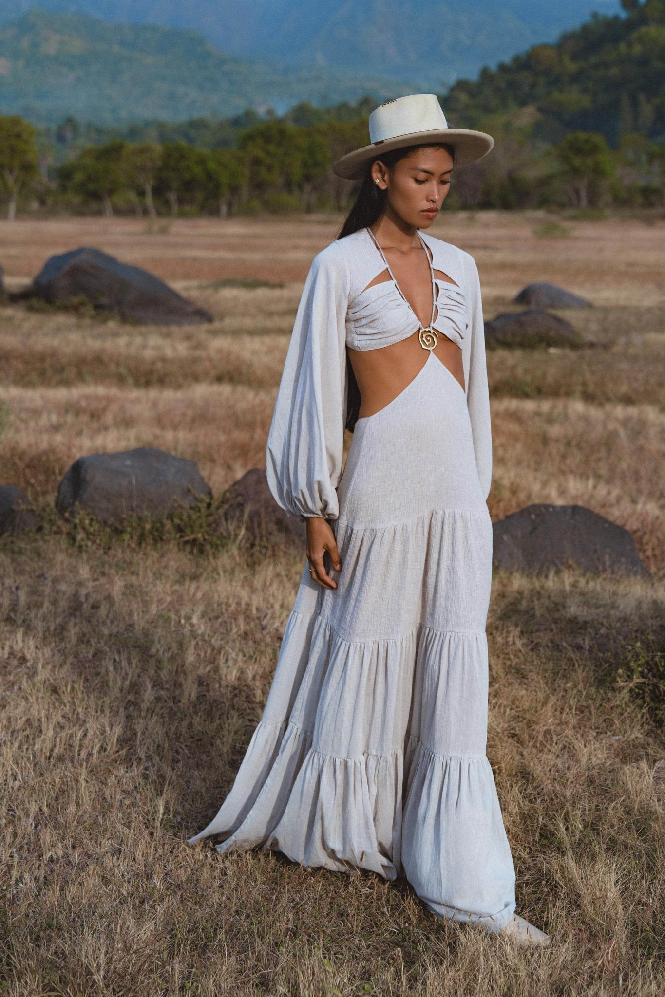 Samudra Dress in Celestial Mist Blue Colour – Organic Bohemian Garment - AYA Sacred Wear