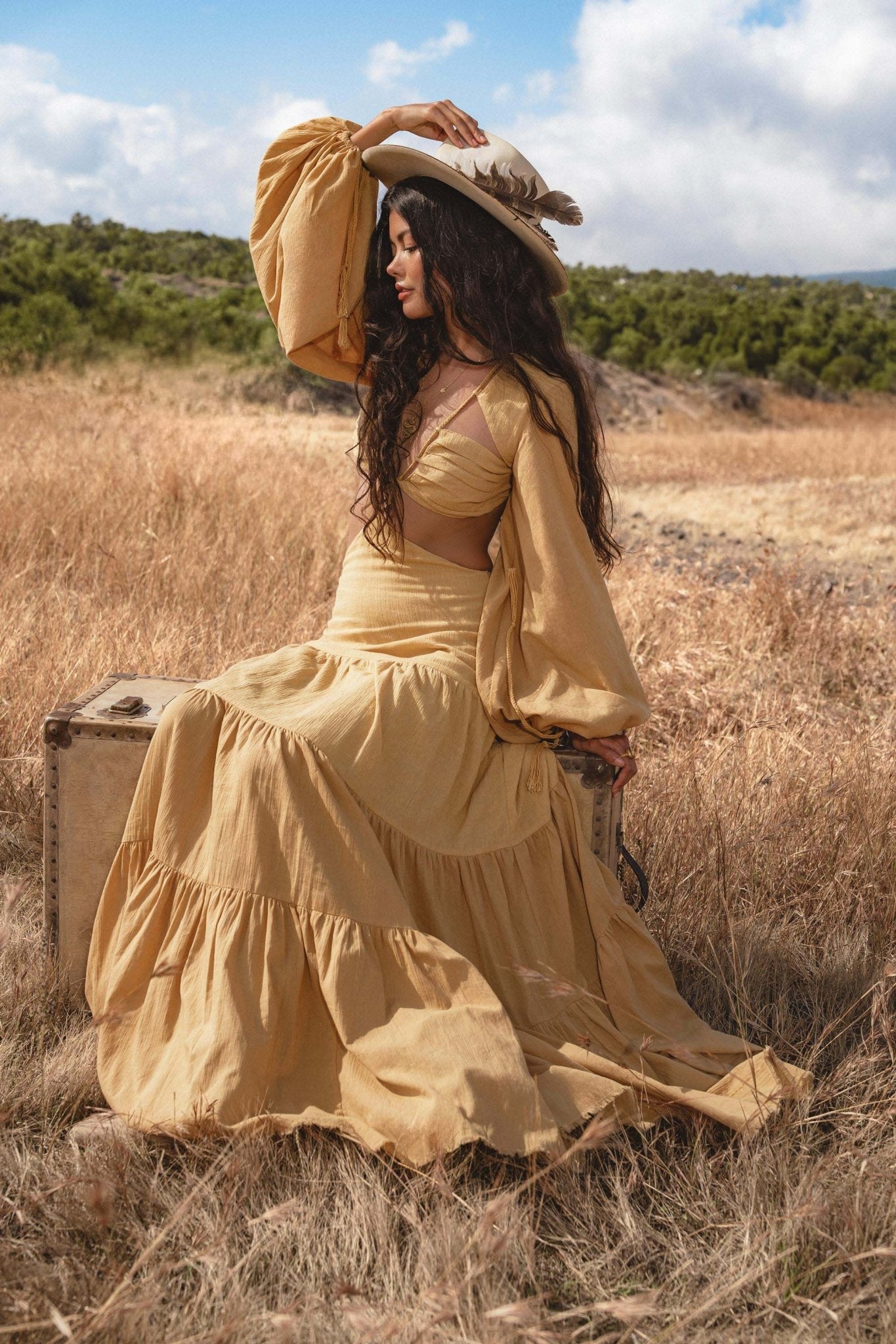 Samudra Dress in Saffron Gold Colour – Organic Backless Boho Maxi Dress - AYA Sacred Wear