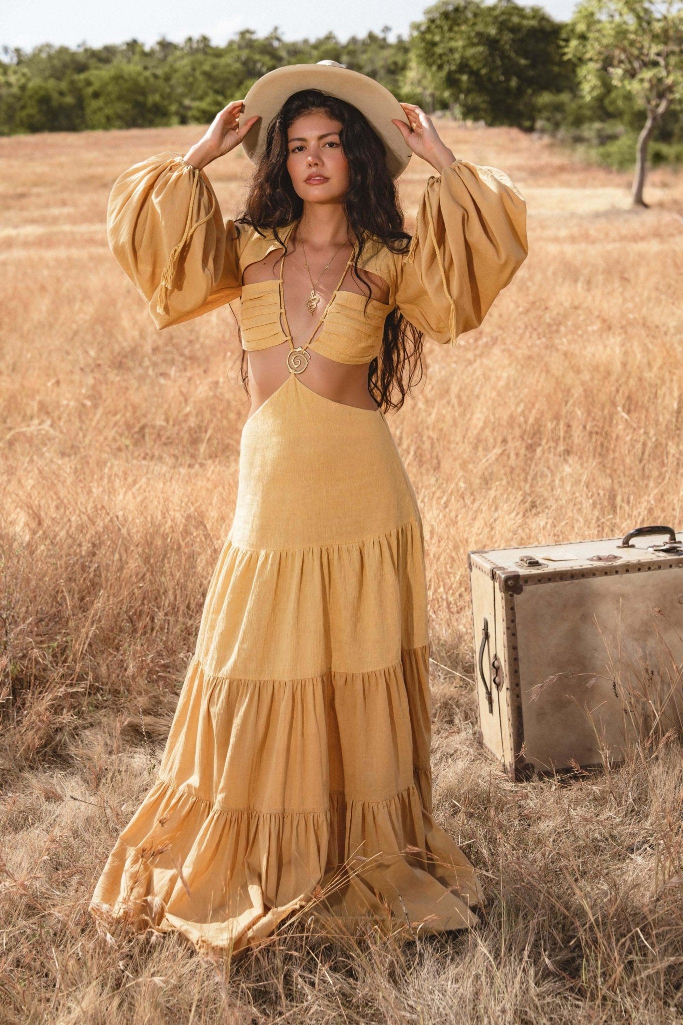 Samudra Dress in Saffron Gold Colour – Organic Backless Boho Maxi Dress - AYA Sacred Wear