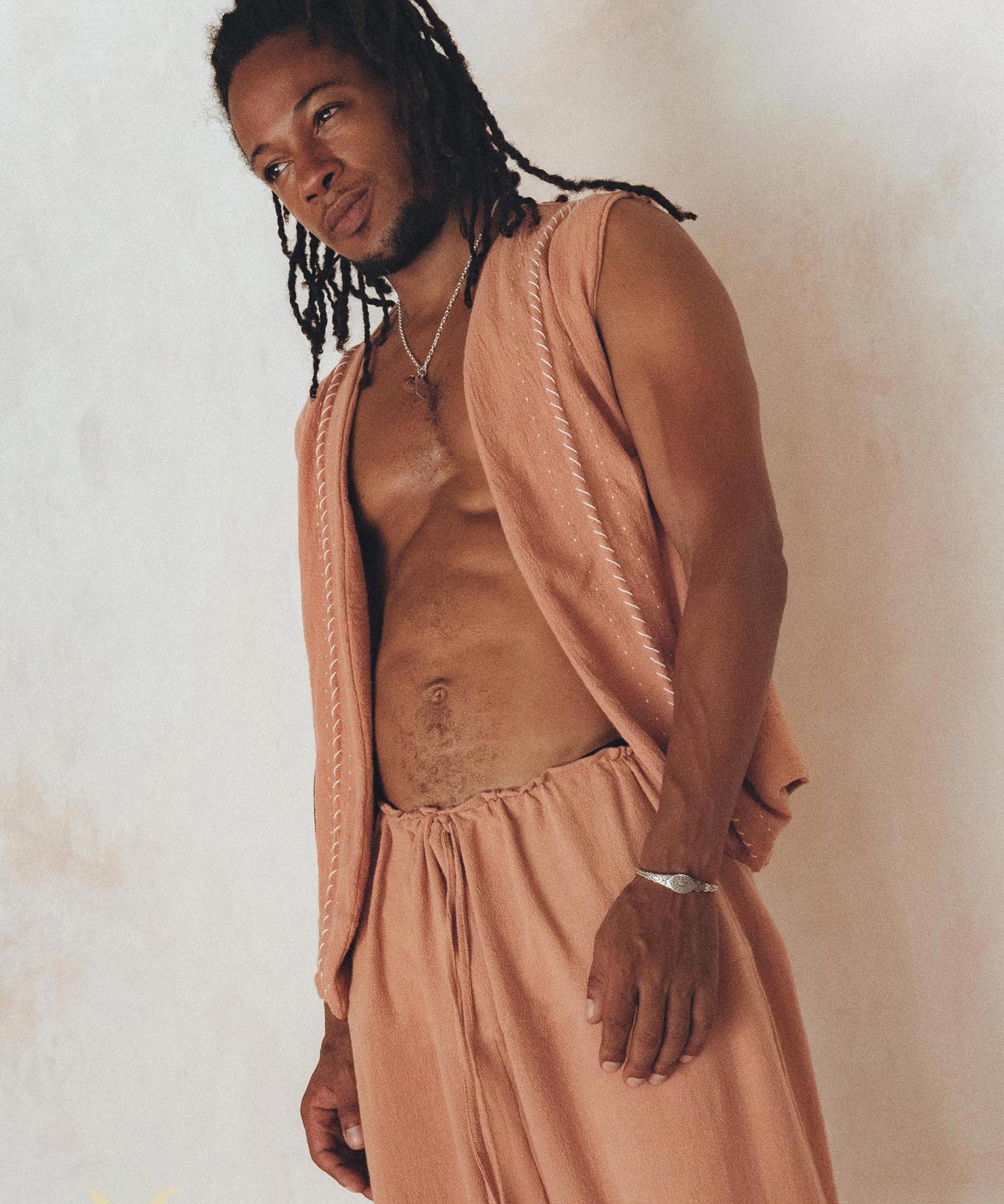 Sandal Wood Colour Hand Embroidered Vest for Men - AYA Sacred Wear
