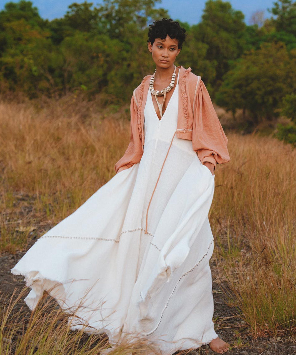 Shakti Dress • Off White Sexy Open Neckline Dress • Hippie Dress - AYA Sacred Wear