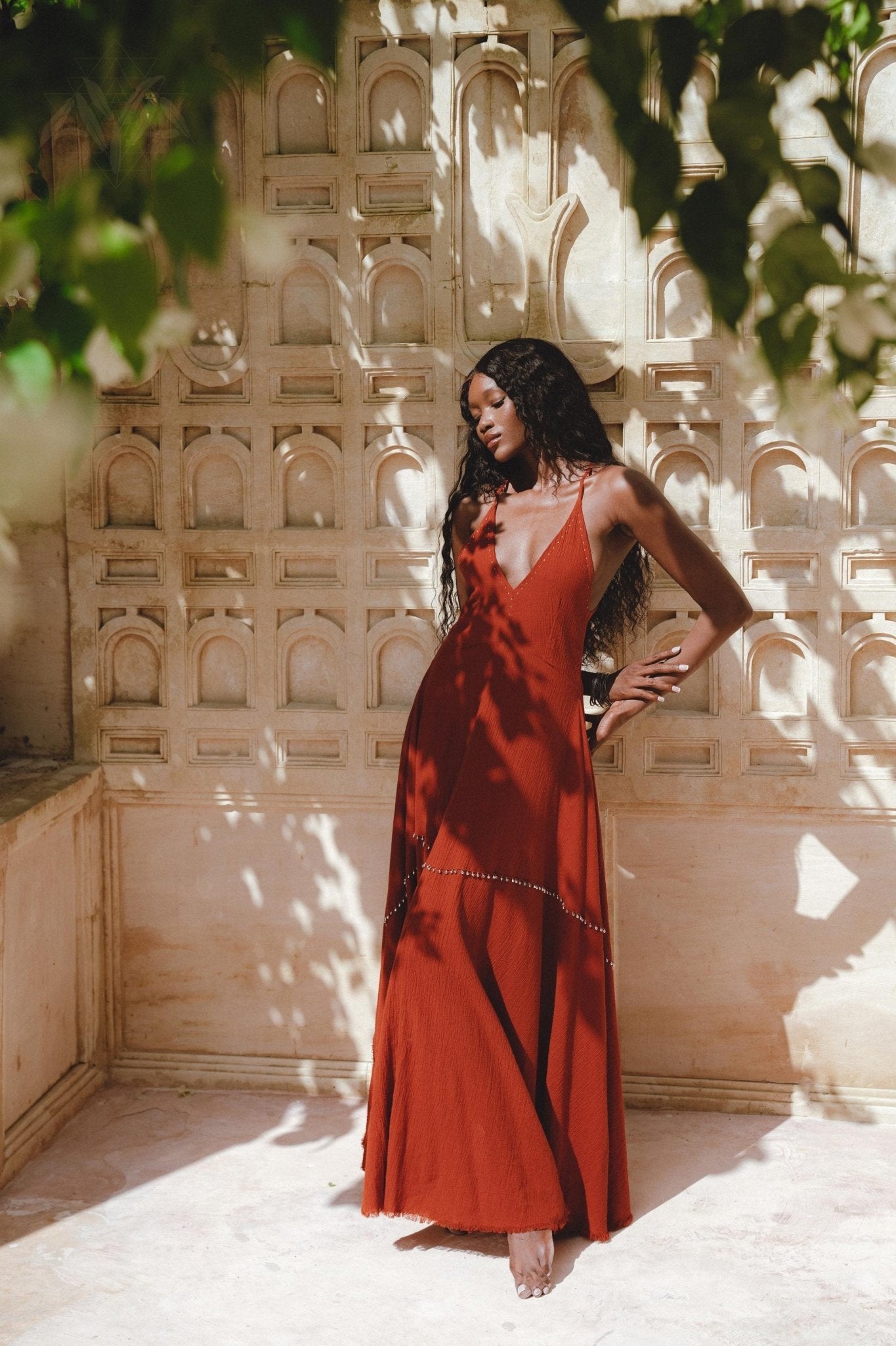 Shakti Dress • Red Boho Jingle Bells Dress • Sexy Open Neckline Dress - AYA Sacred Wear