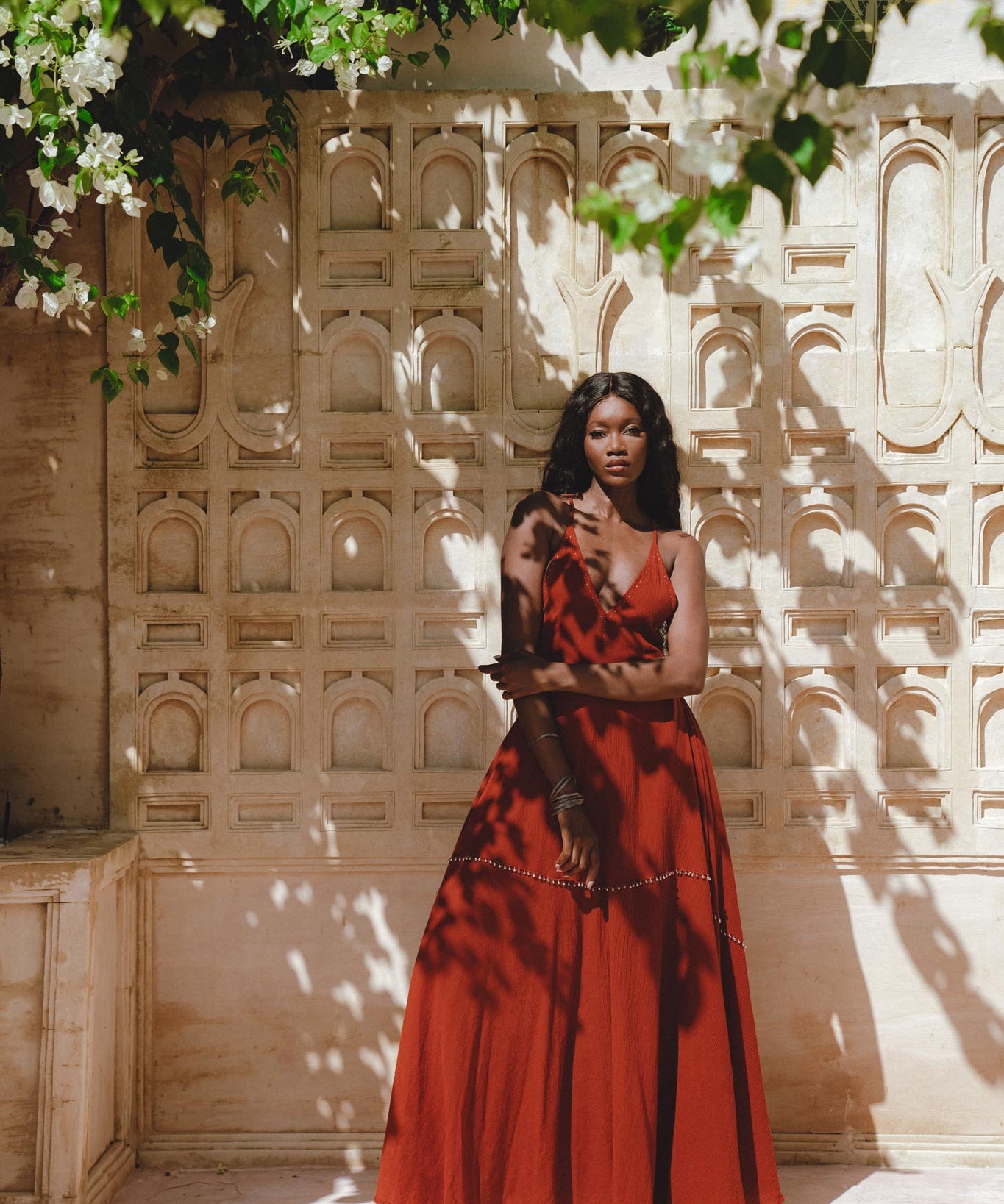 Shakti Dress • Red Boho Jingle Bells Dress • Sexy Open Neckline Dress - AYA Sacred Wear