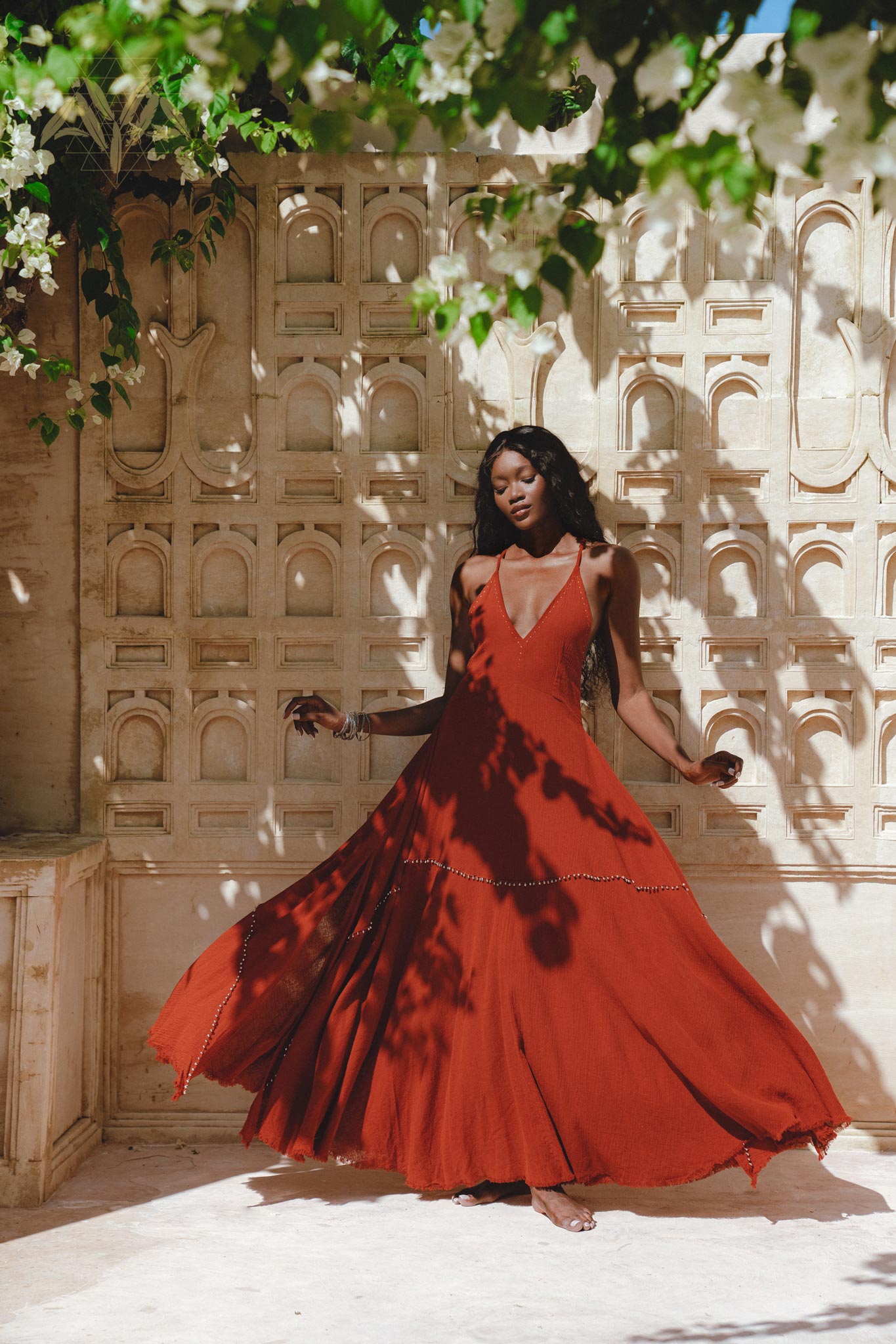 Shakti Dress • Red Boho Jingle Bells Dress • Sexy Open Neckline Dress - AYA Sacred Wear
