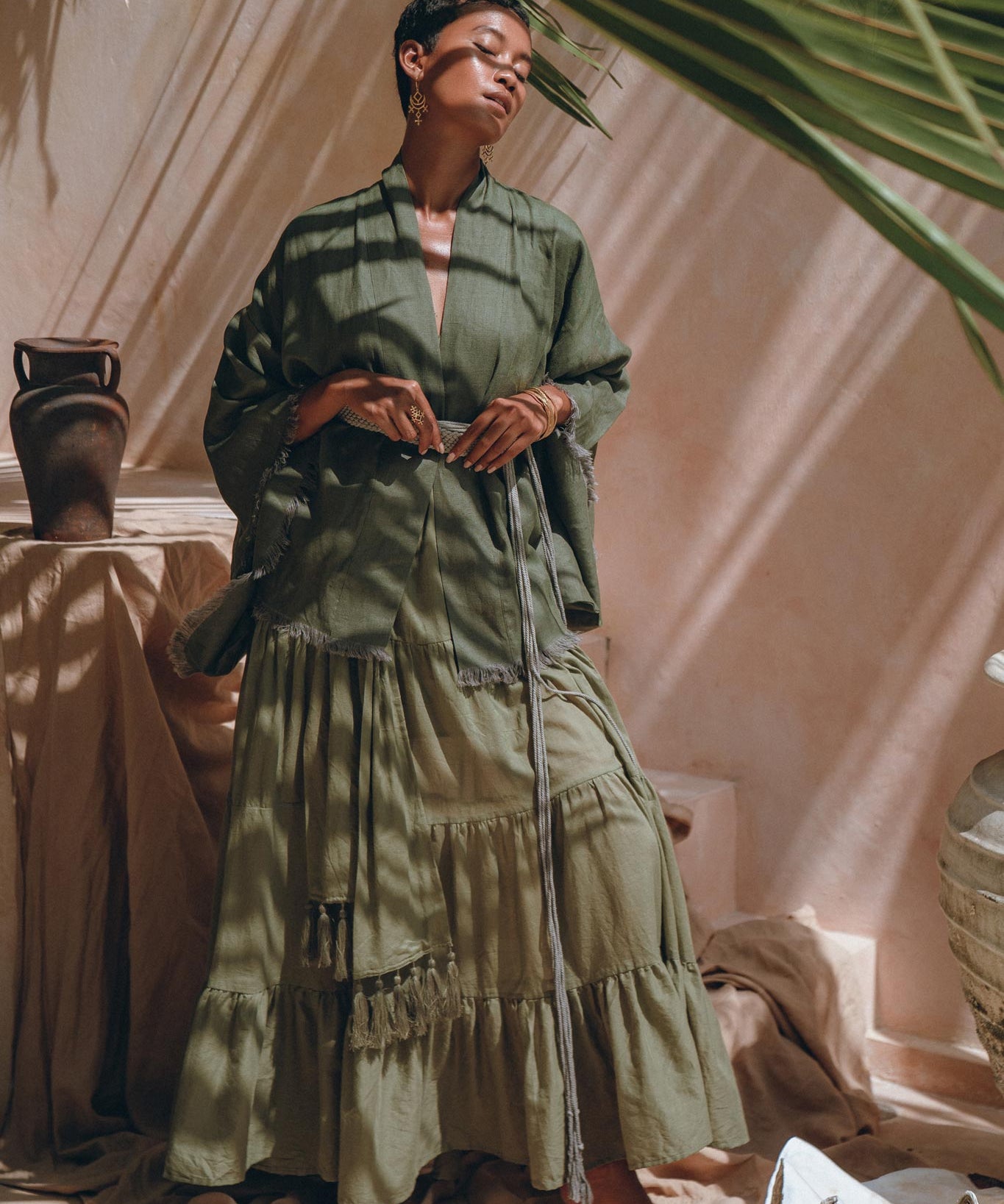 Short Linen Kimono Wrap with Belt • Bohemian Kimono Jacket For Women - AYA Sacred Wear