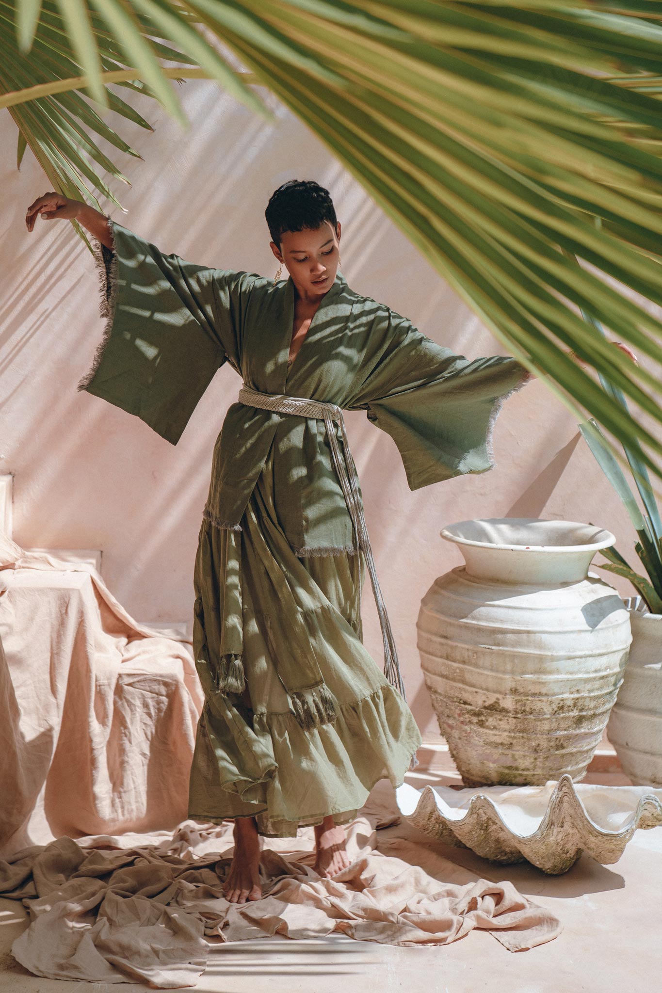 Short Linen Kimono Wrap with Belt • Bohemian Kimono Jacket For Women - AYA Sacred Wear