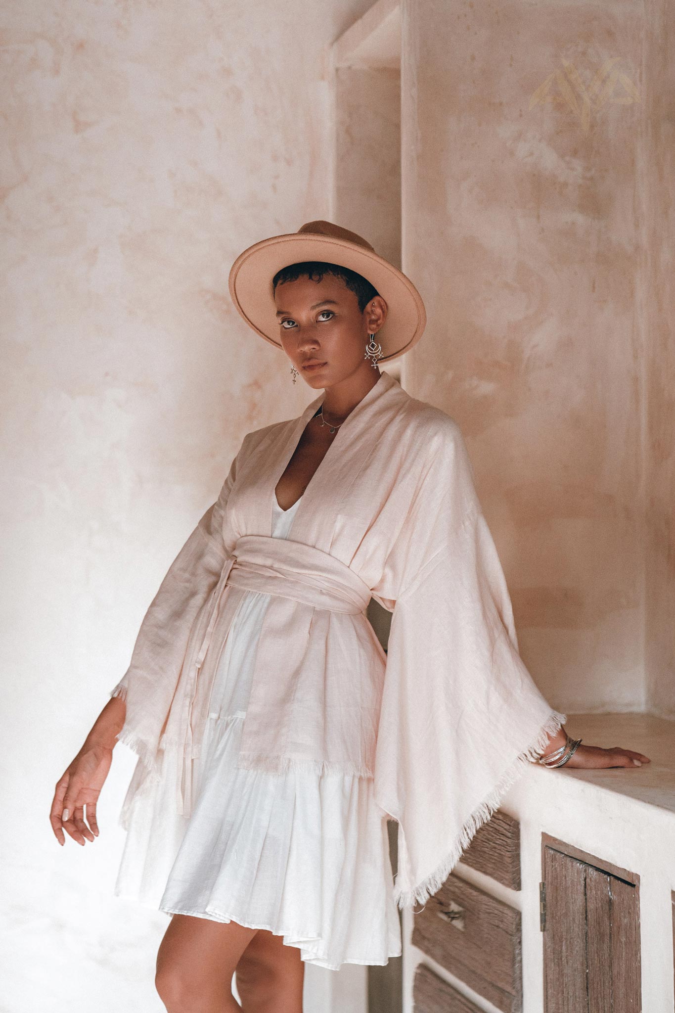 Short Linen Kimono Wrap with Belt • Linen Cardigan for Women - AYA Sacred Wear