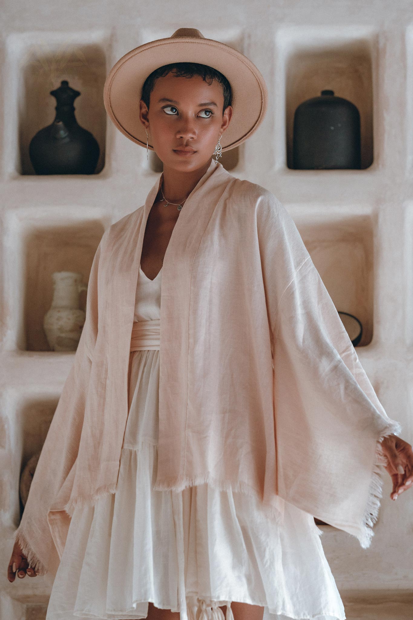 Short Linen Kimono Wrap with Belt • Linen Cardigan for Women - AYA Sacred Wear