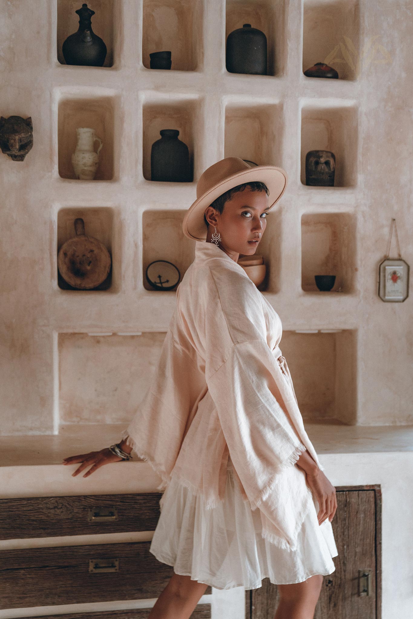 Short Linen Kimono Wrap with Belt • Linen Cardigan for Women - AYA Sacred Wear