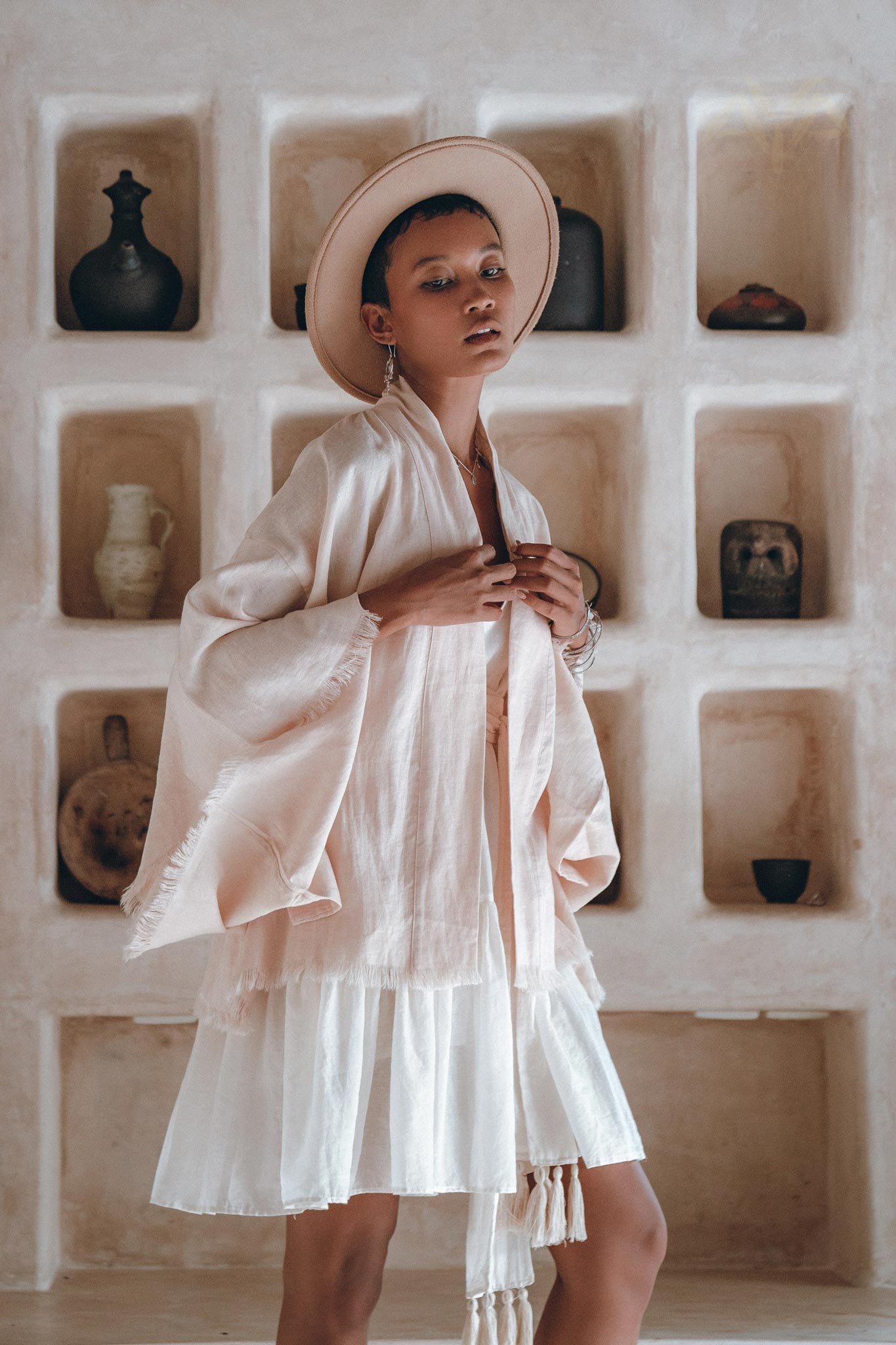 Short Linen Kimono Wrap with Belt • Linen Cardigan for Women - AYA Sacred Wear