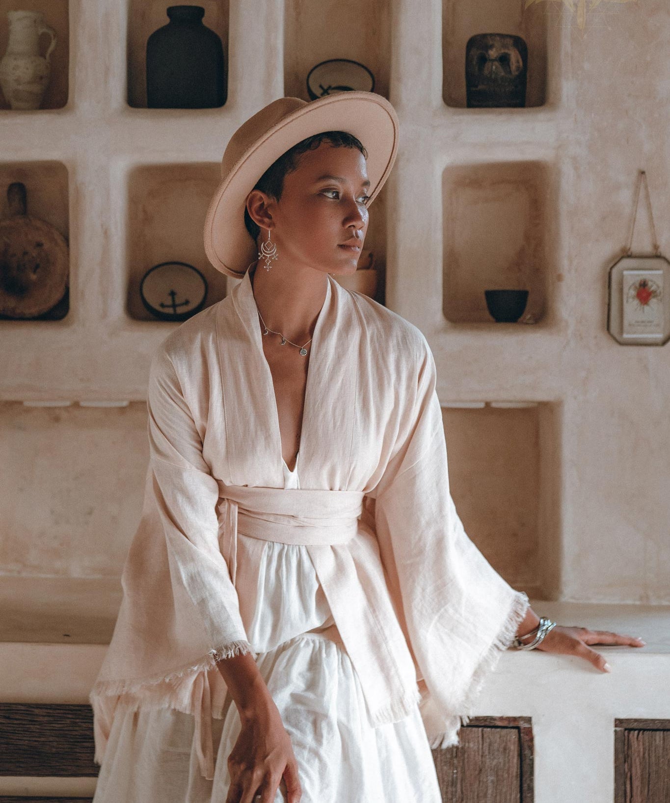 Short Linen Kimono Wrap with Belt • Linen Cardigan for Women - AYA Sacred Wear