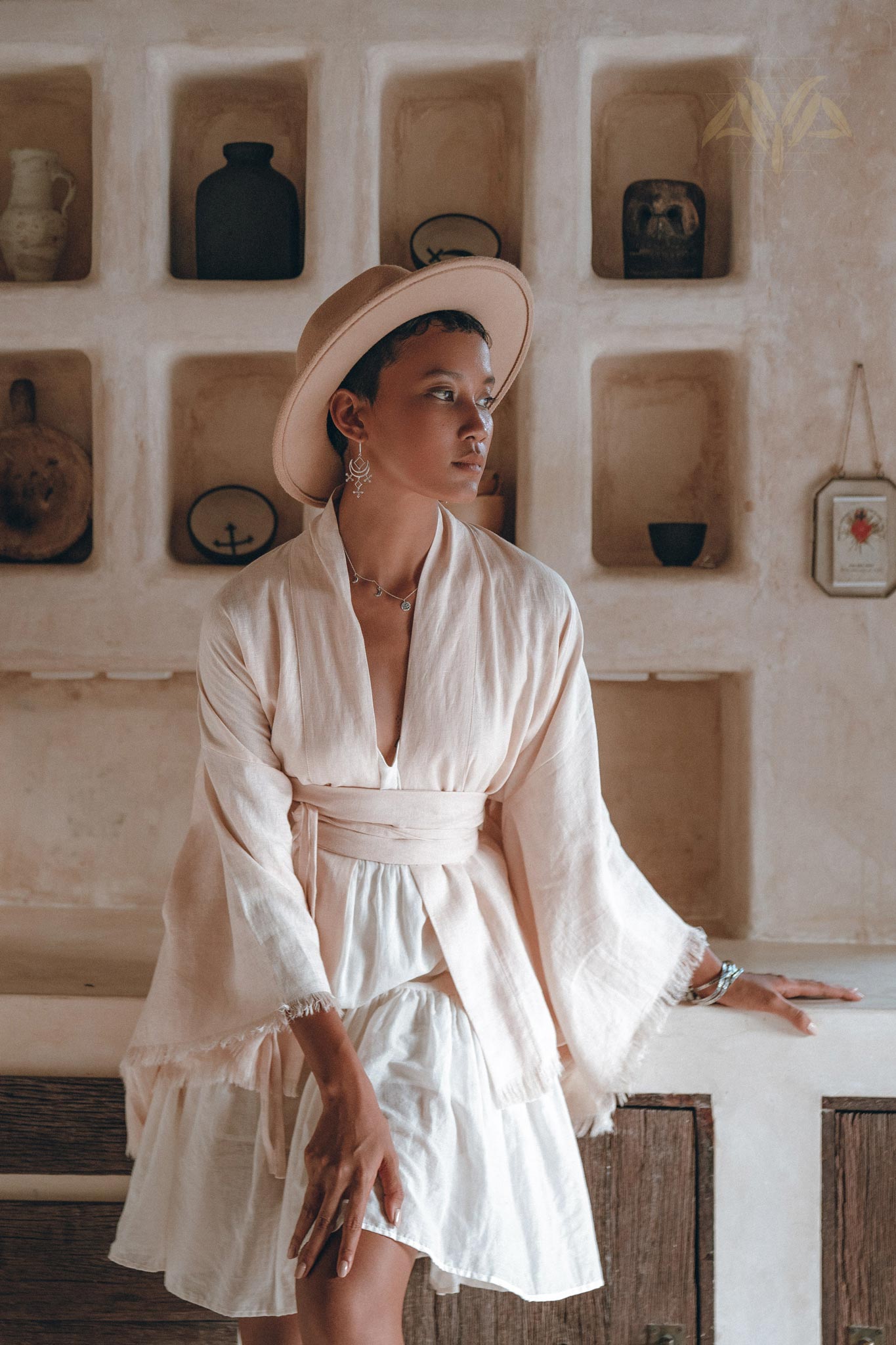 Short Linen Kimono Wrap with Belt • Linen Cardigan for Women - AYA Sacred Wear