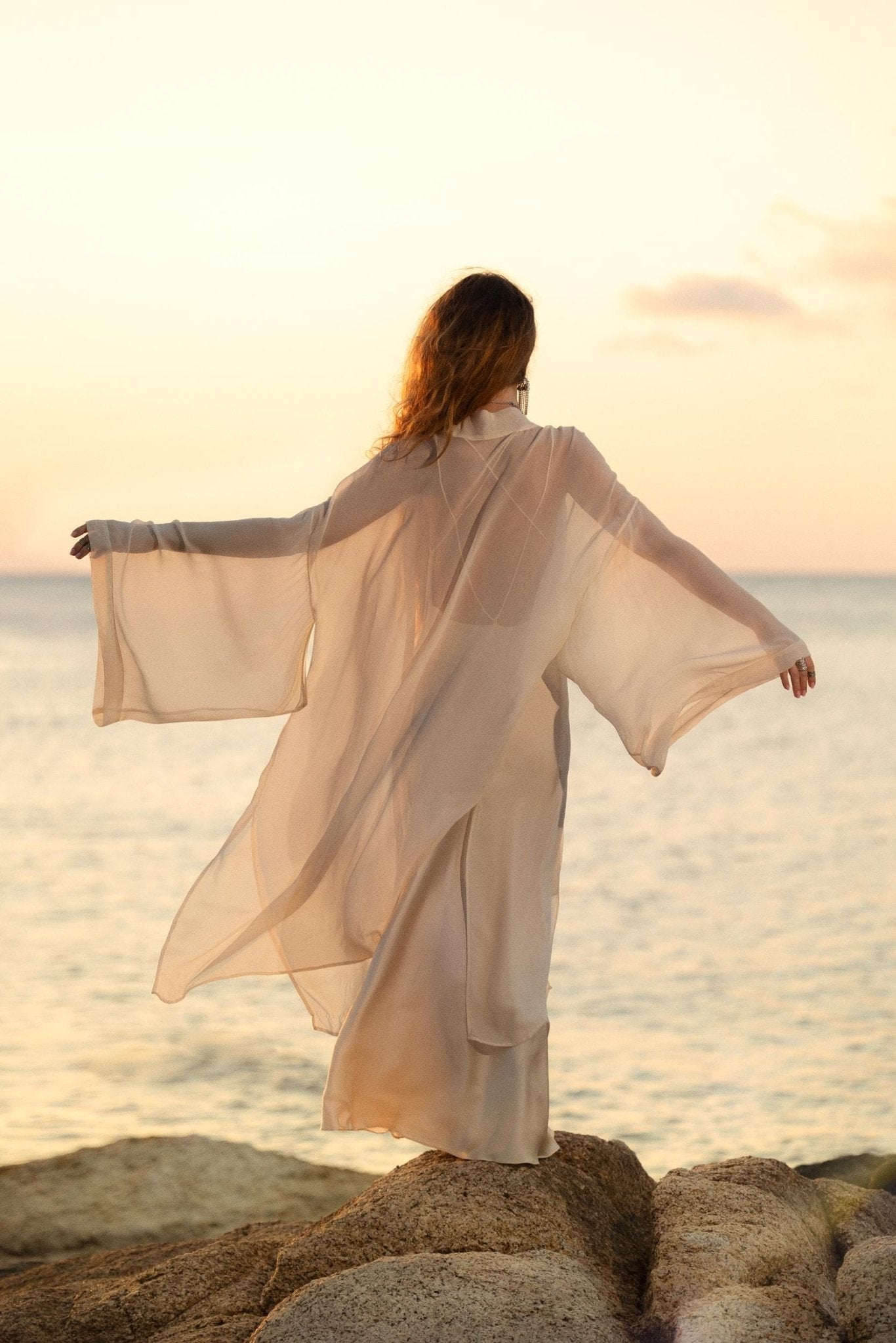 Silk Chiffon Kimono for Women, Sheer Silk Bridal Cover Up, Boho Wedding Robe, Lightweight Resort Wear, Handmade Silk Duster - AYA Sacred Wear